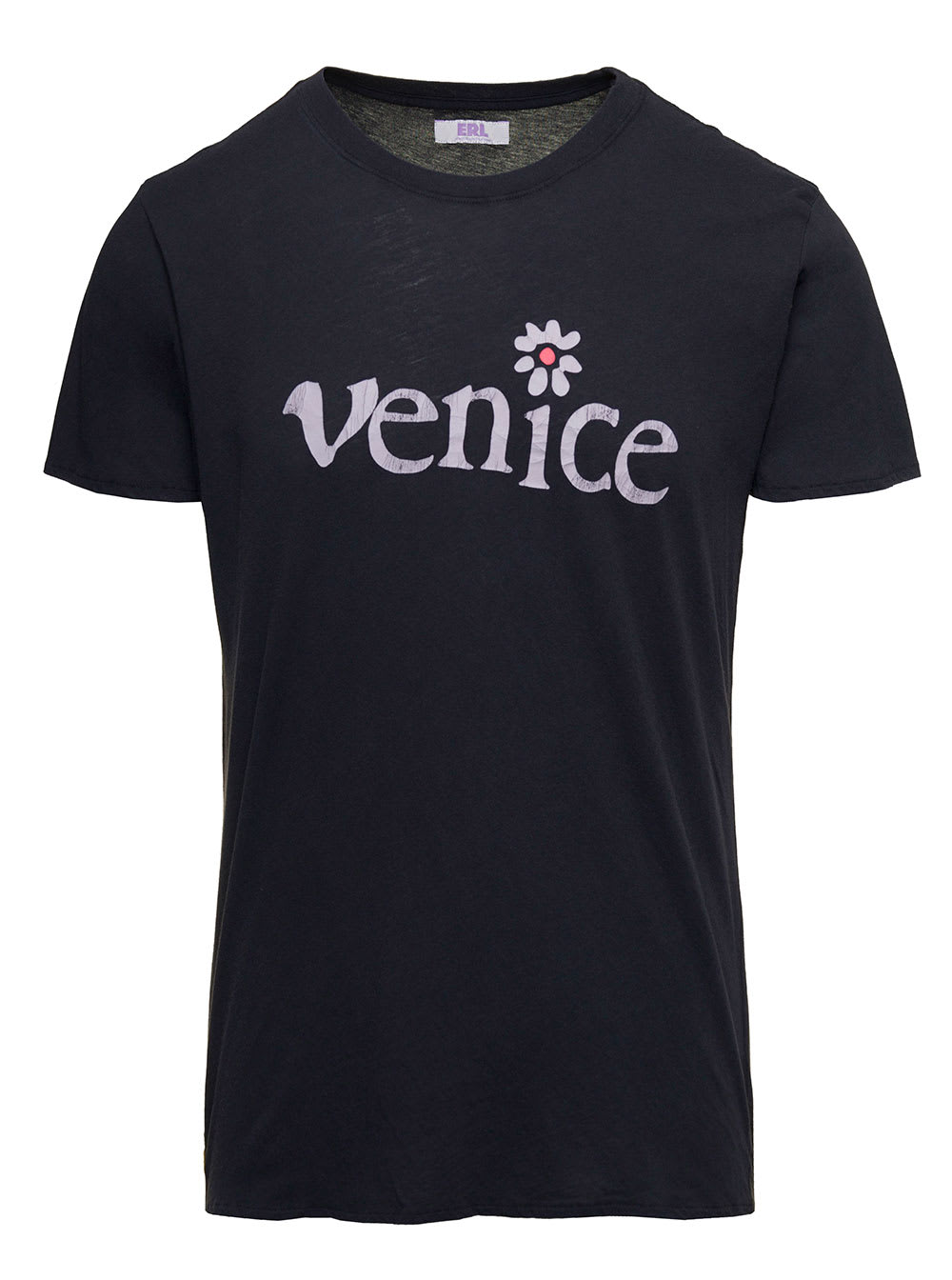 Shop Erl Black Crewneck T-shirt With Venice Print In Cotton
