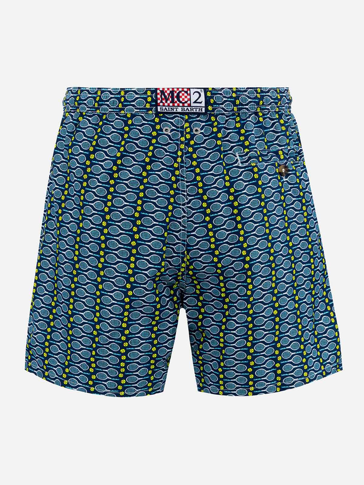 Mc2 Saint Barth Man Lightweight Fabric Swim-shorts Lighting Micro Fantasy With Tennis Print In Blue