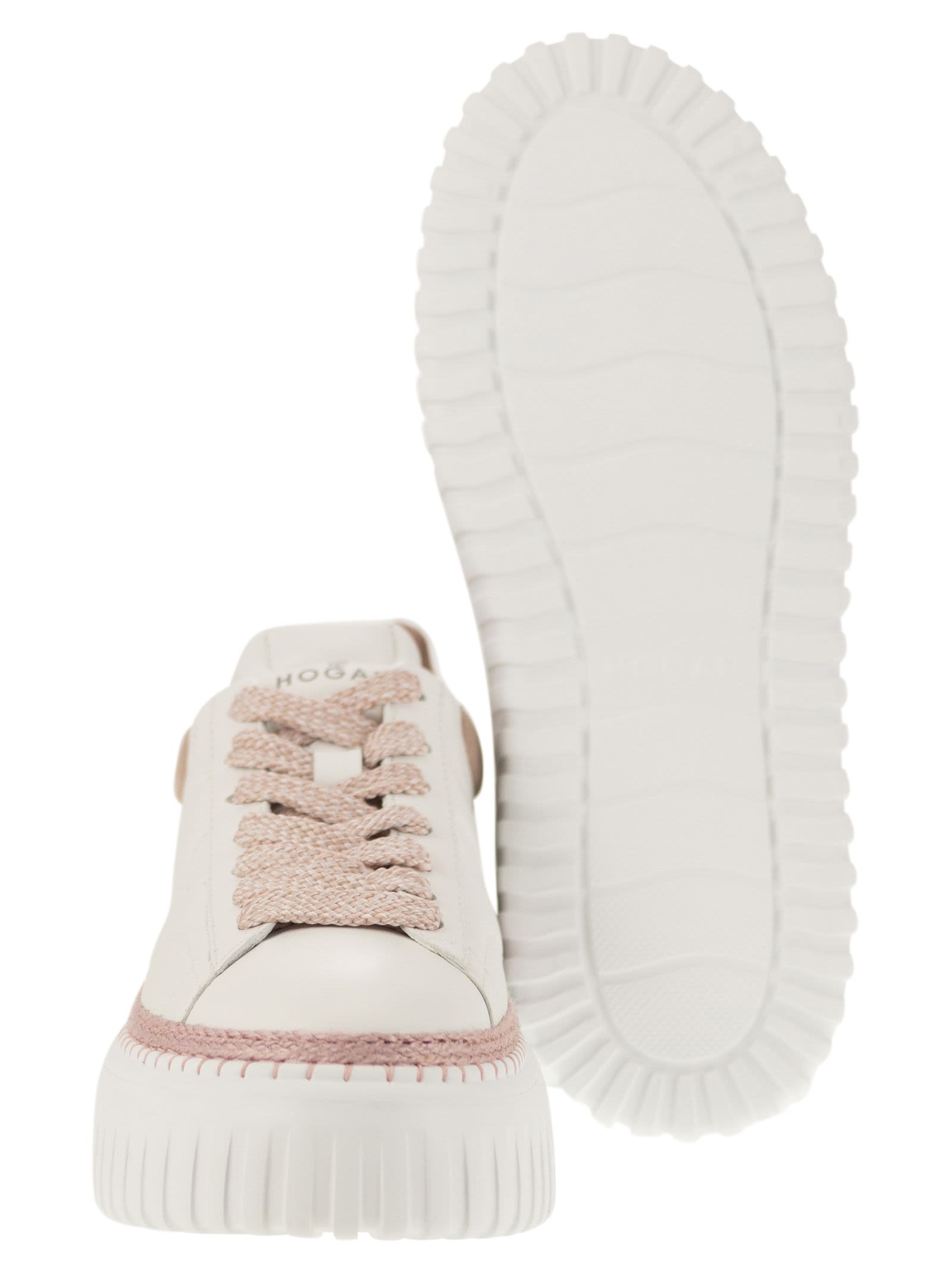 Hogan Leather H-stripes Platform Sneakers In White/pink