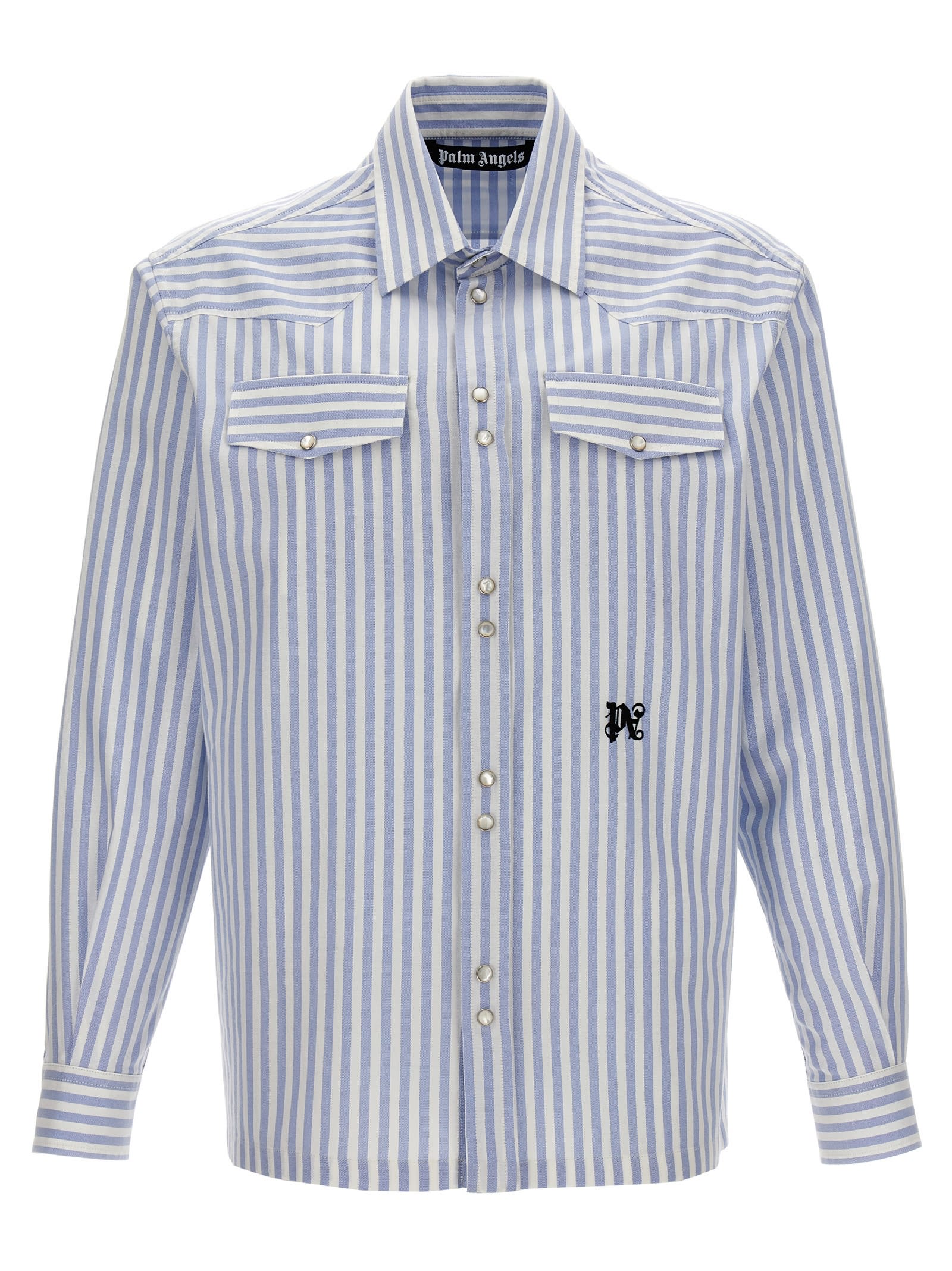 Shop Palm Angels Monogram Striped Shirt In Light Blue