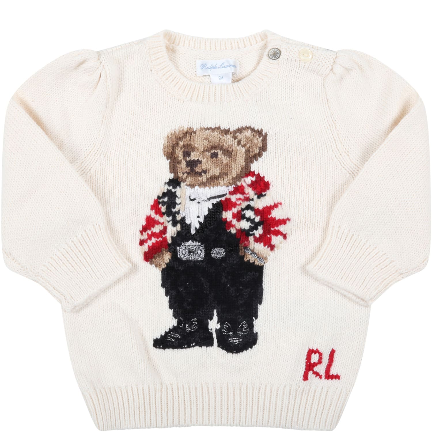 Ralph Lauren Ivory Sweater For Baby Boy With Iconic Bear And Red Logo