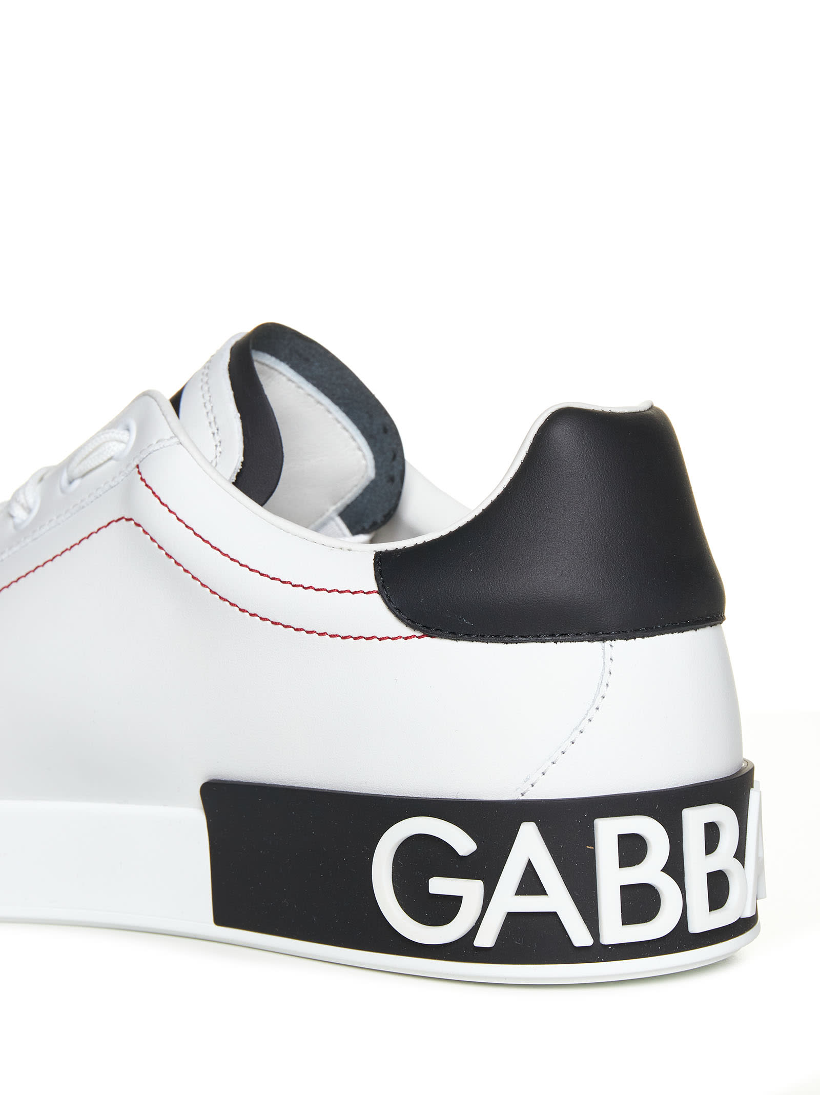 Dolce & Gabbana Portofino Leather Sneakers With Rubberized Logo Shoes In White/black