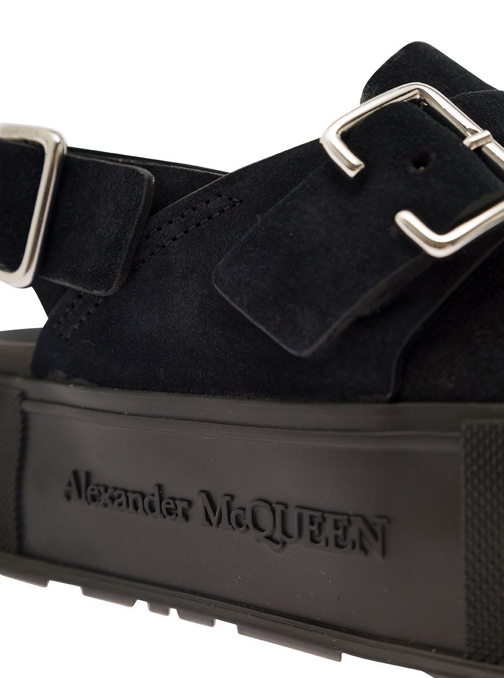 Shop Alexander Mcqueen Mount Slick Black Close-toe Sandals With Platform And Logo Engraved In Leather Man