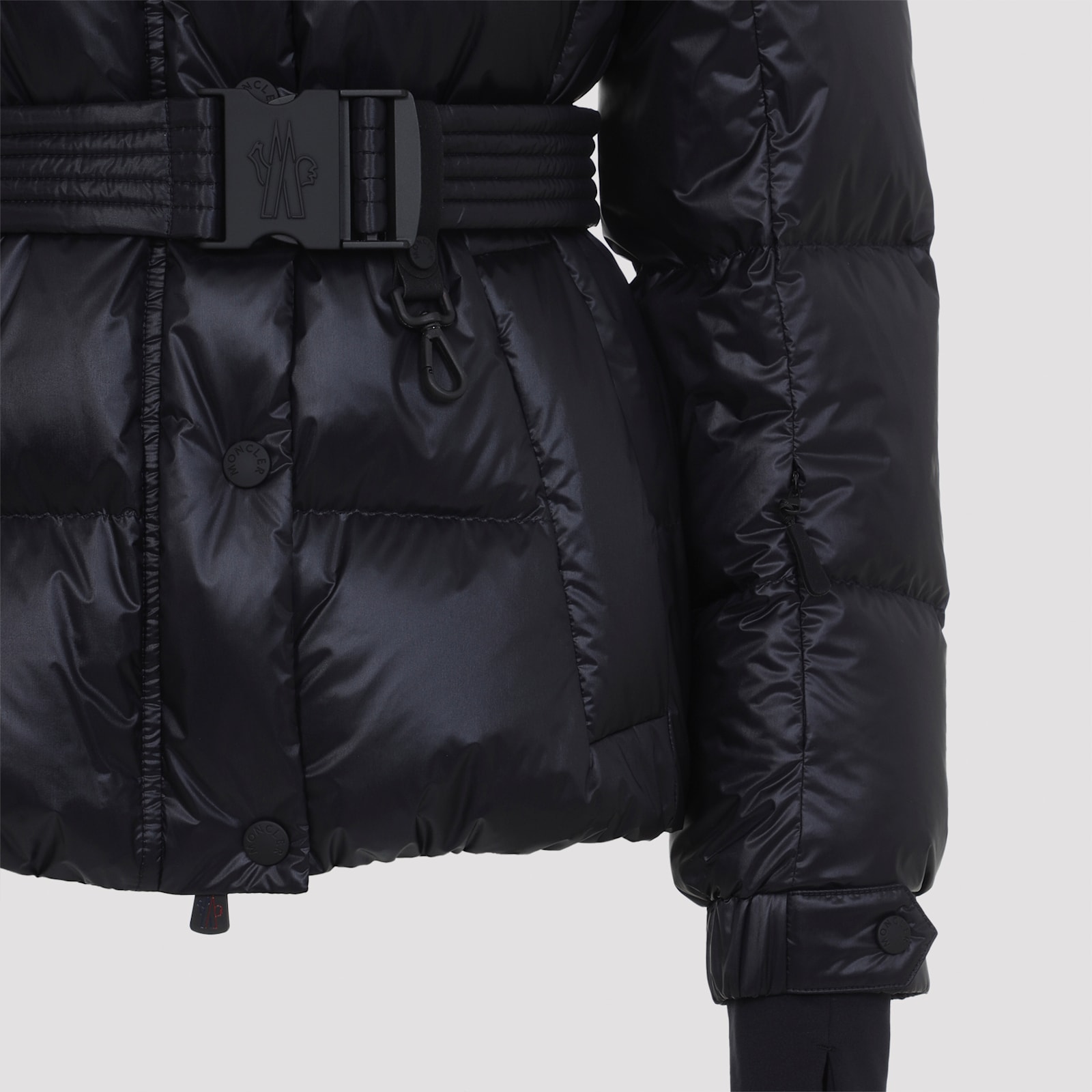 Moncler Puffer Jacket With Belted Waist And High Collar In Black