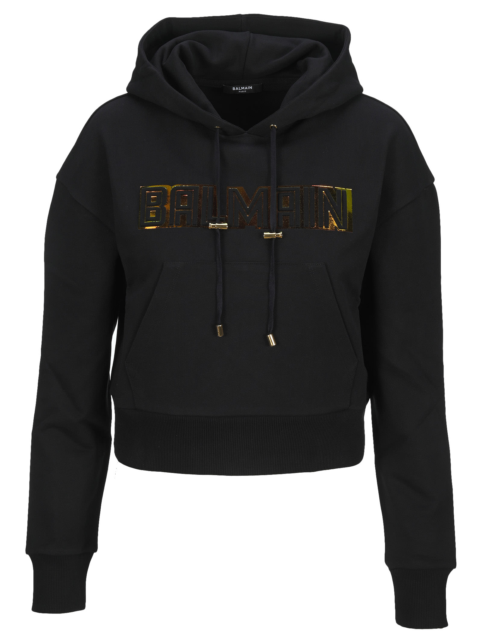 Balmain Cropped Black Cotton Sweatshirt With Gold Balmain Logo