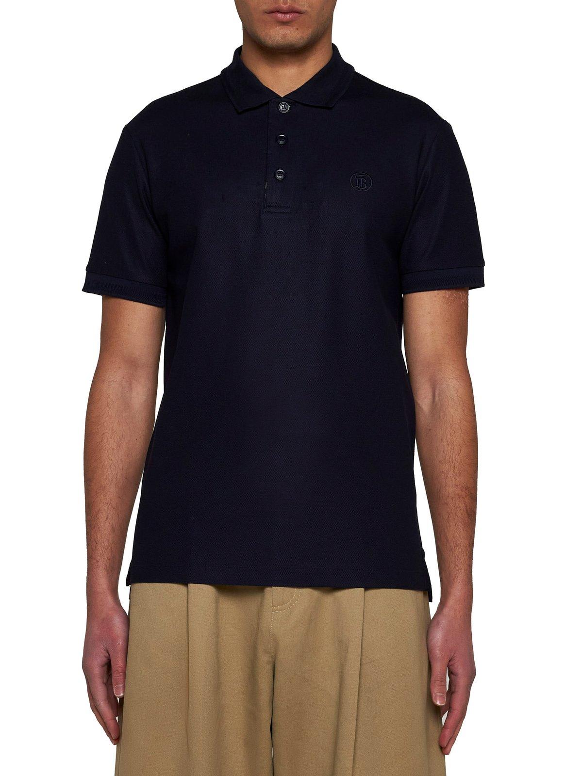 Shop Burberry Logo Embroidered Short Sleeved Polo Shirt In Coal Blue