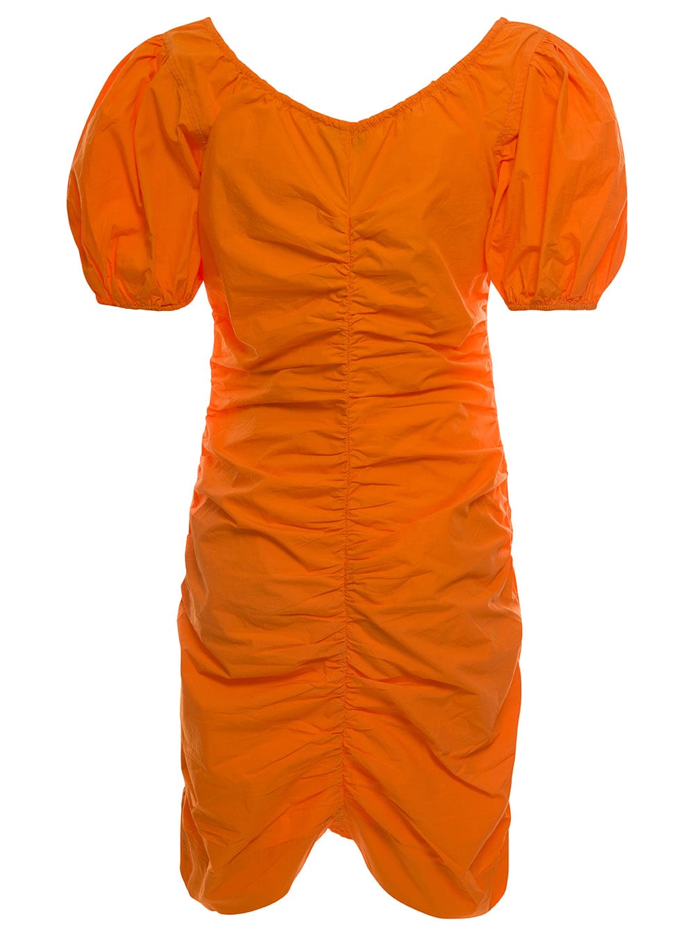 Shop Ganni Mini Gathered Orange Dress With Balloon Sleeves In Cotton Woman
