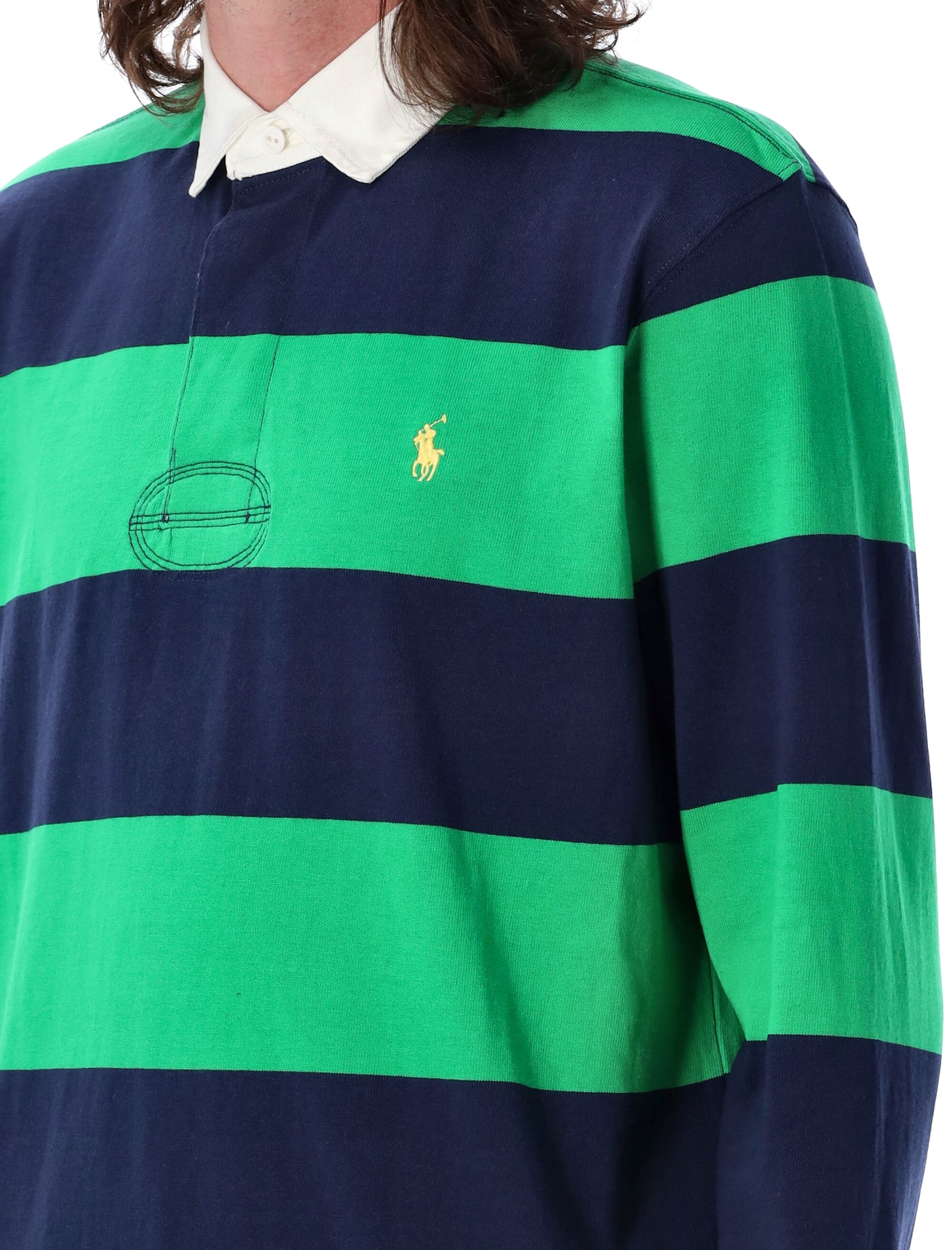 Polo Ralph Lauren Striped Long Sleeve Polo With Half Button Placket In Green Navy
