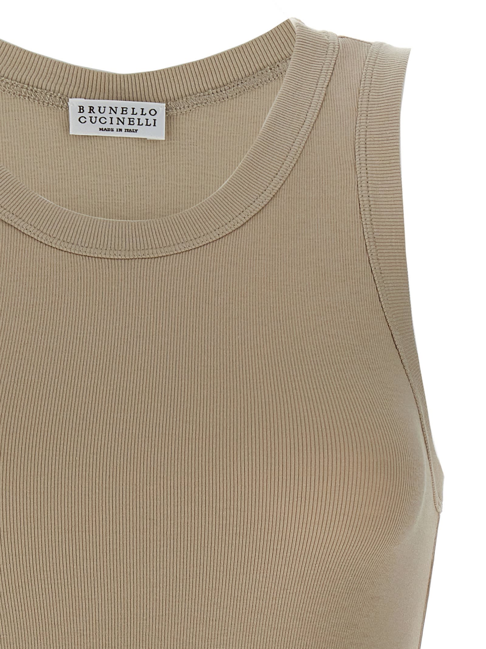 Brunello Cucinelli Ribbed Crew Neck Fitted Sleeveless Top In Beige