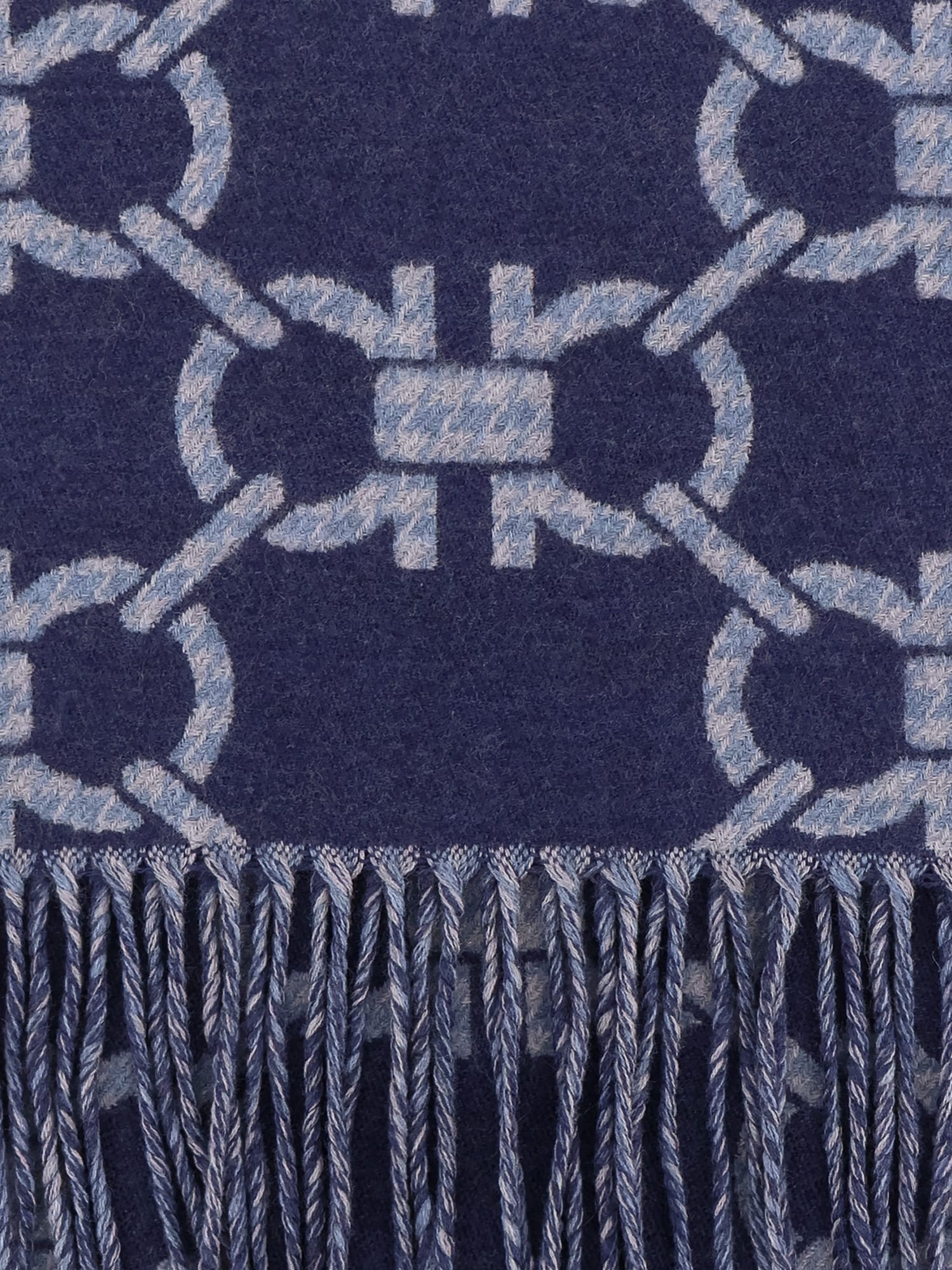Ferragamo Wool Scarf With Fringe Detail And Geometric Pattern In Blue