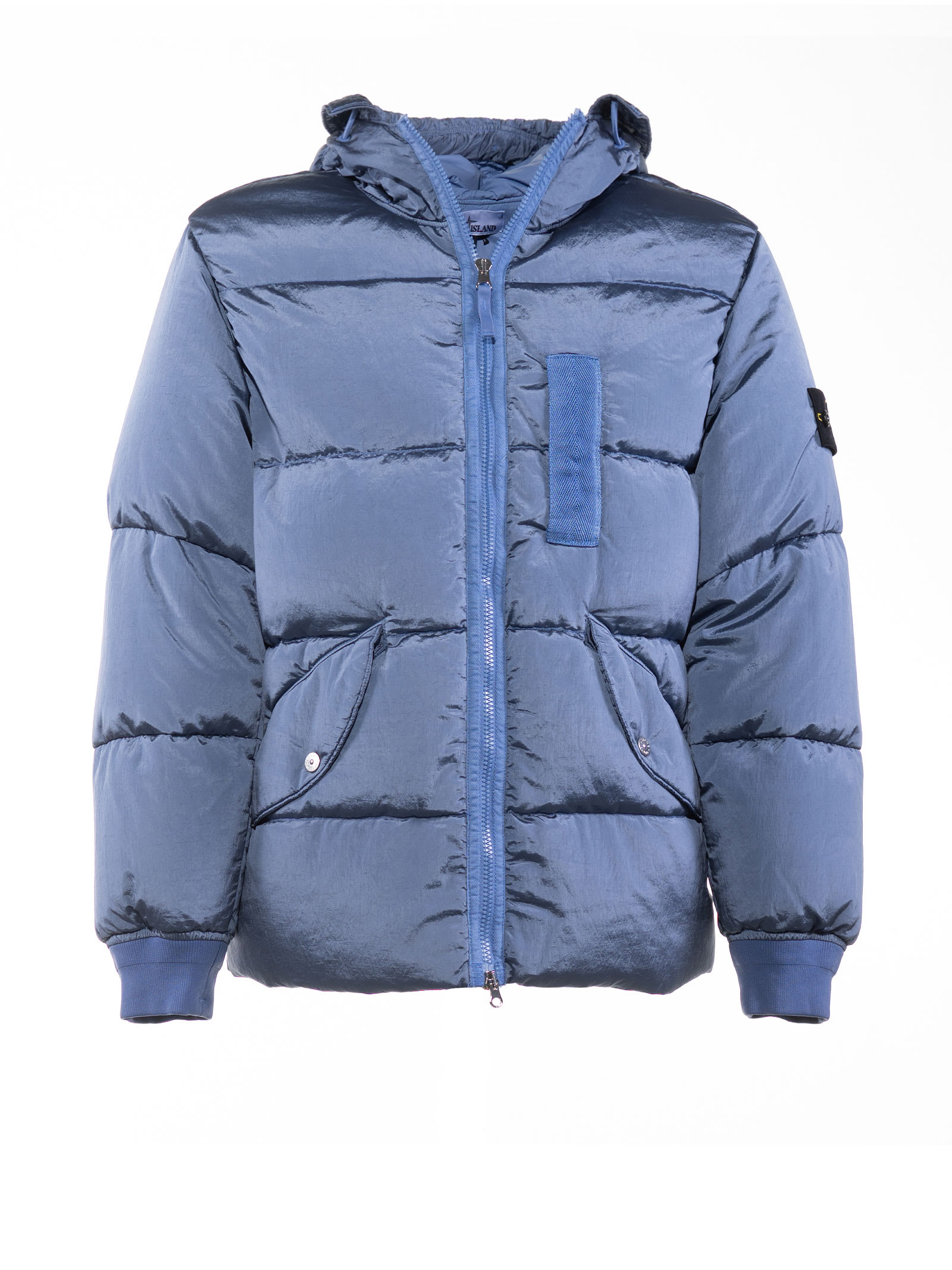 Shop Stone Island Down Jacket With Logo On The Sleeve In Dark Blue