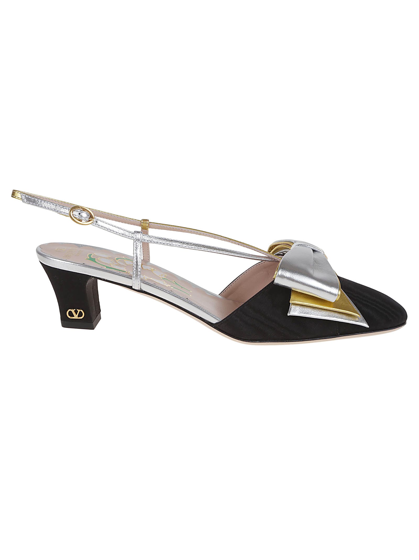 Valentino Slingback Decollete Bowow In Moire Tissue In V Nero Silver Old Gold