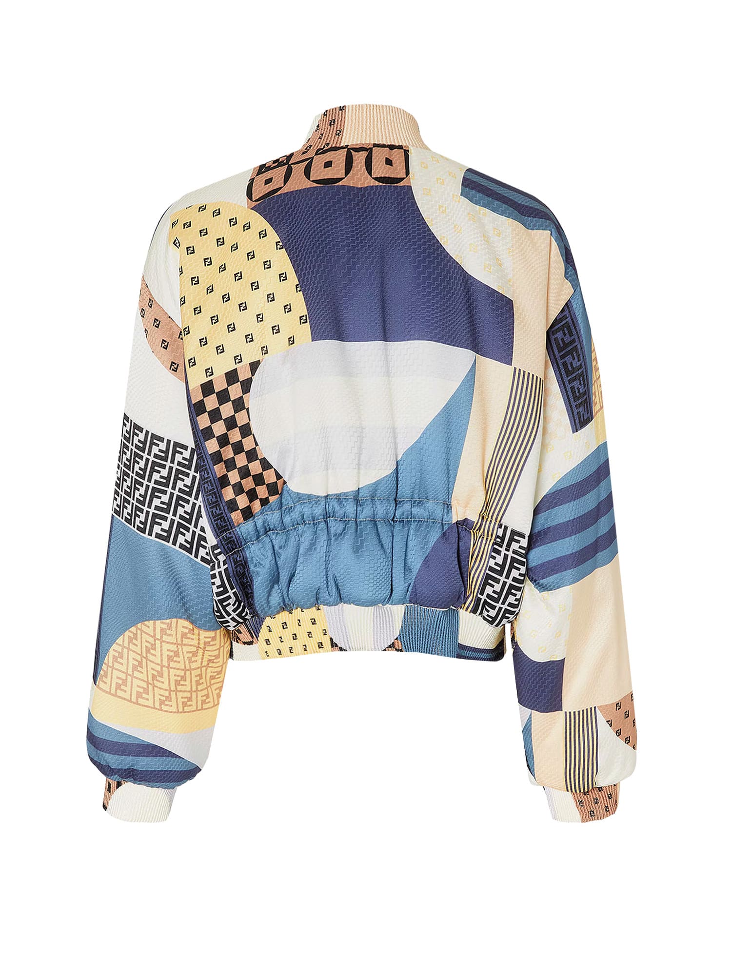 Fendi Blue Silk Reversible Bomber Jacket With Patchwork Print