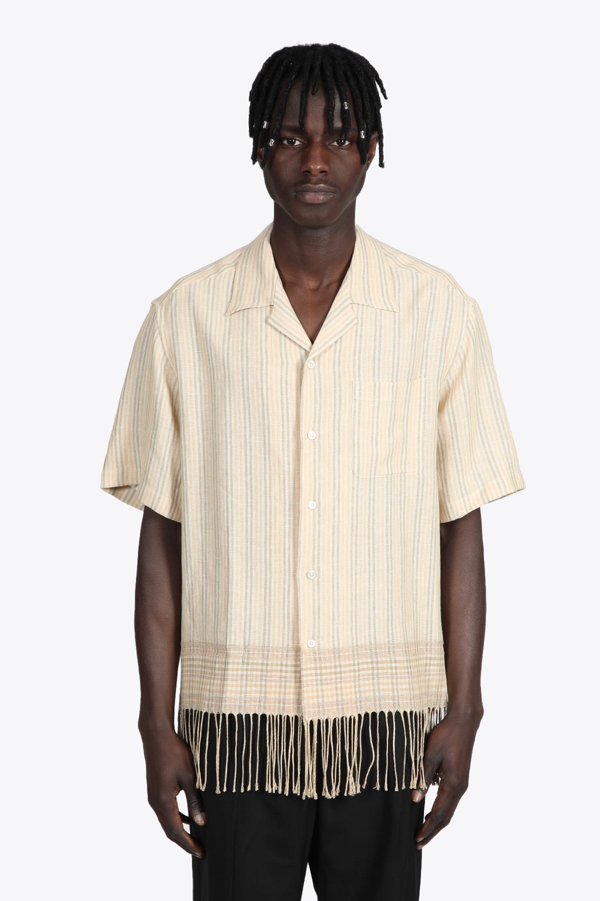 CMMN SWDN Short Sleeve Linen Camp Collar Shirt, Fringed Hem Striped beige linen shirt with fringed hem - Ture fringe