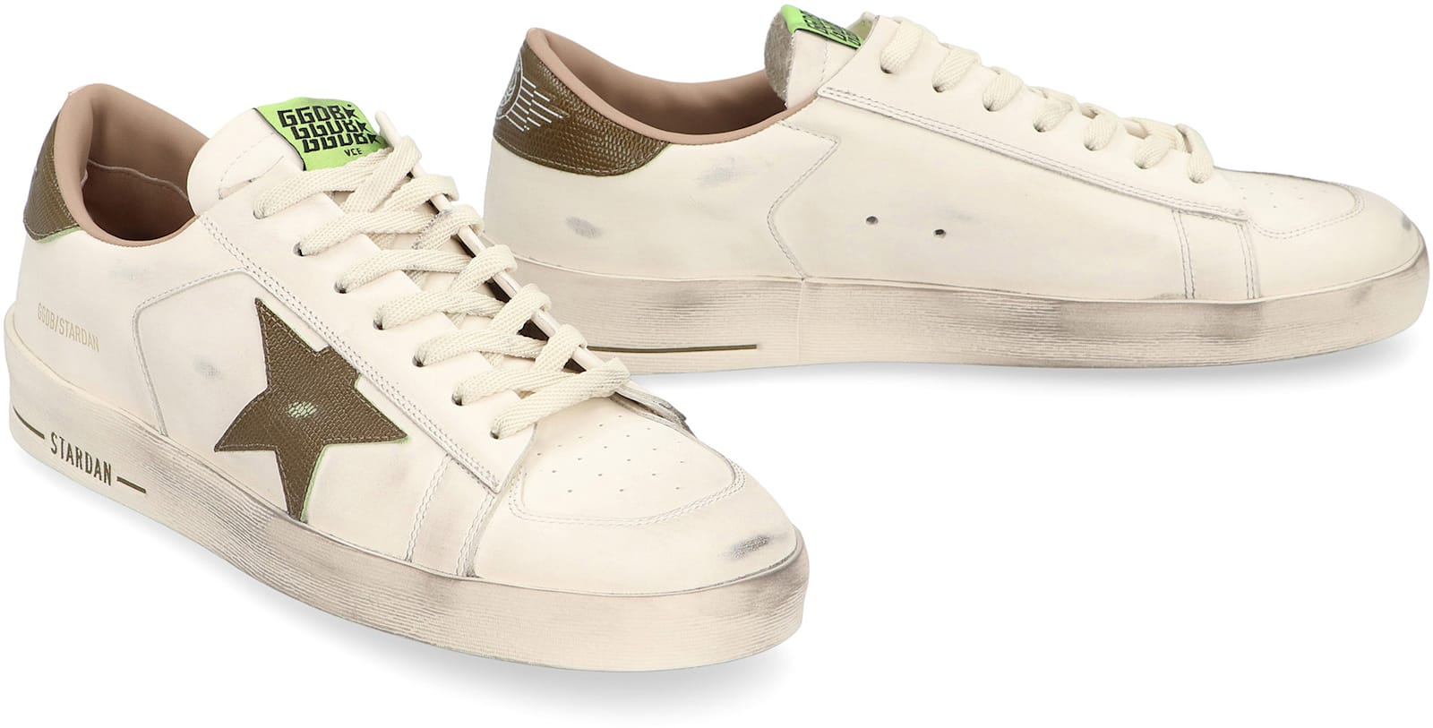 Golden Goose Stardan White Leather Sneakers With Green Star And Heel In White
