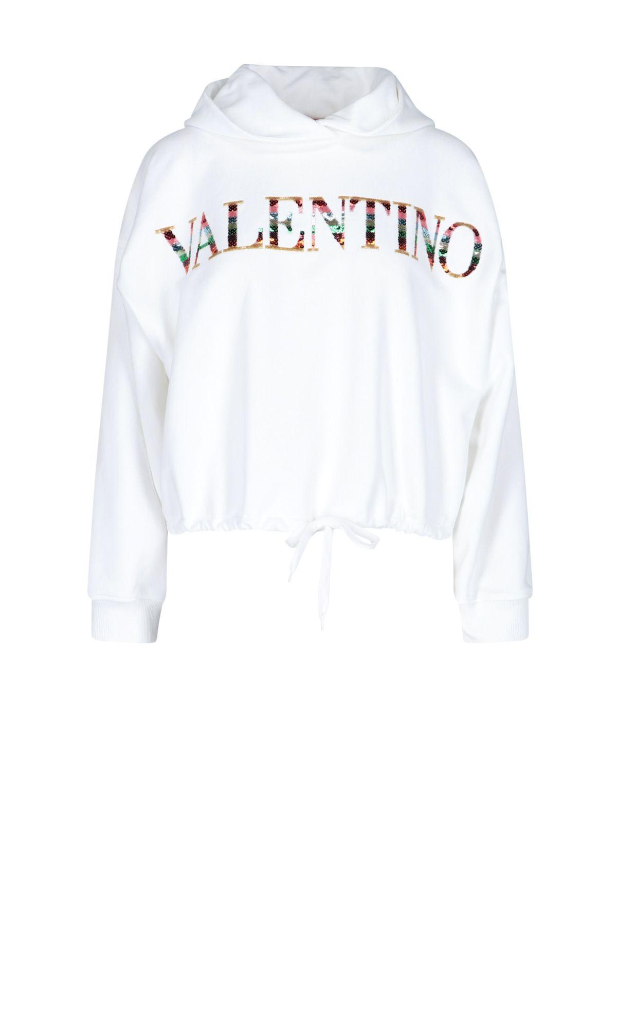 Shop Valentino Sweatshirt Crop Embroidery Logo Paillettes In White