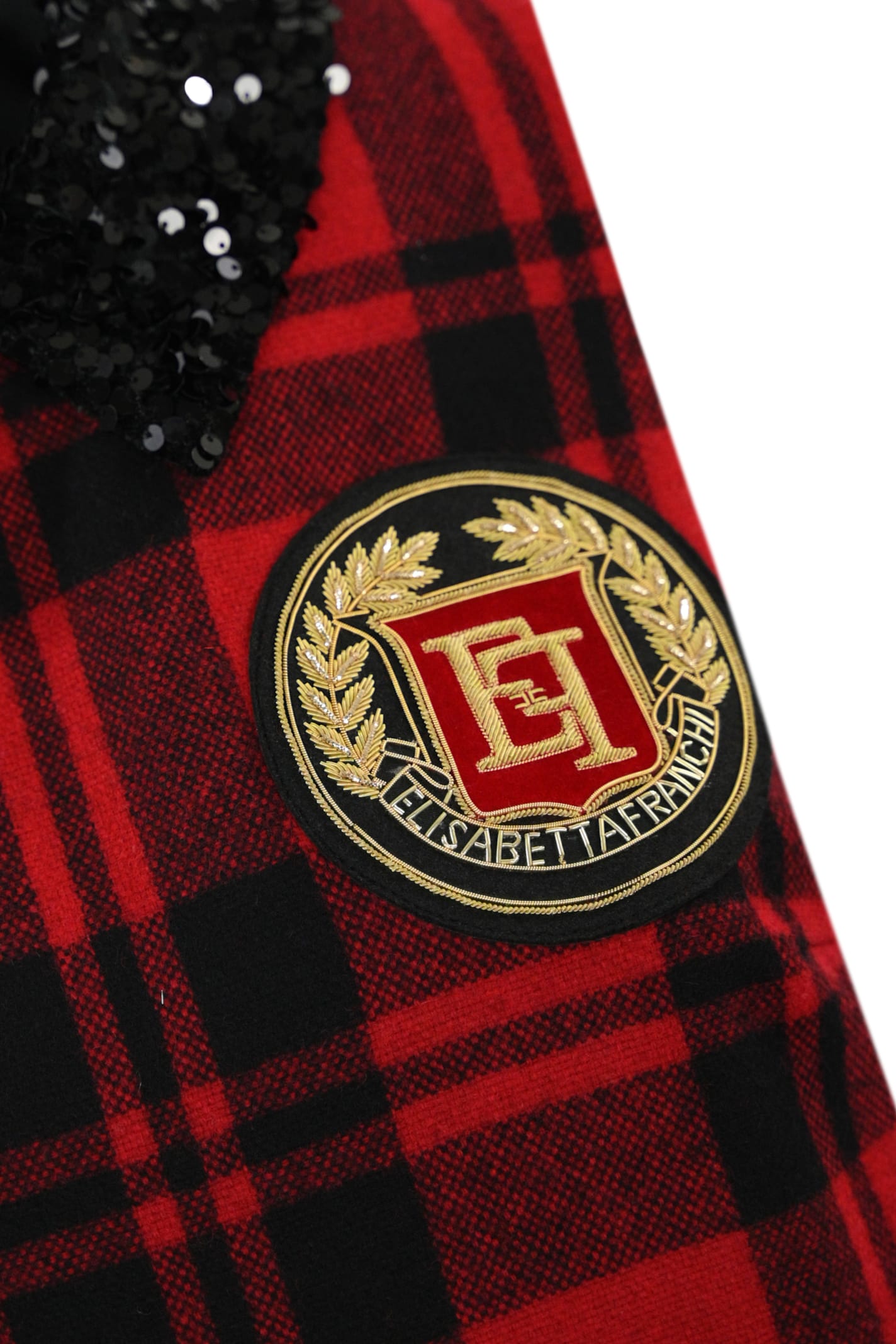 Shop Elisabetta Franchi Tartan Wool Dress With Logo Patch In Nero/red Passion