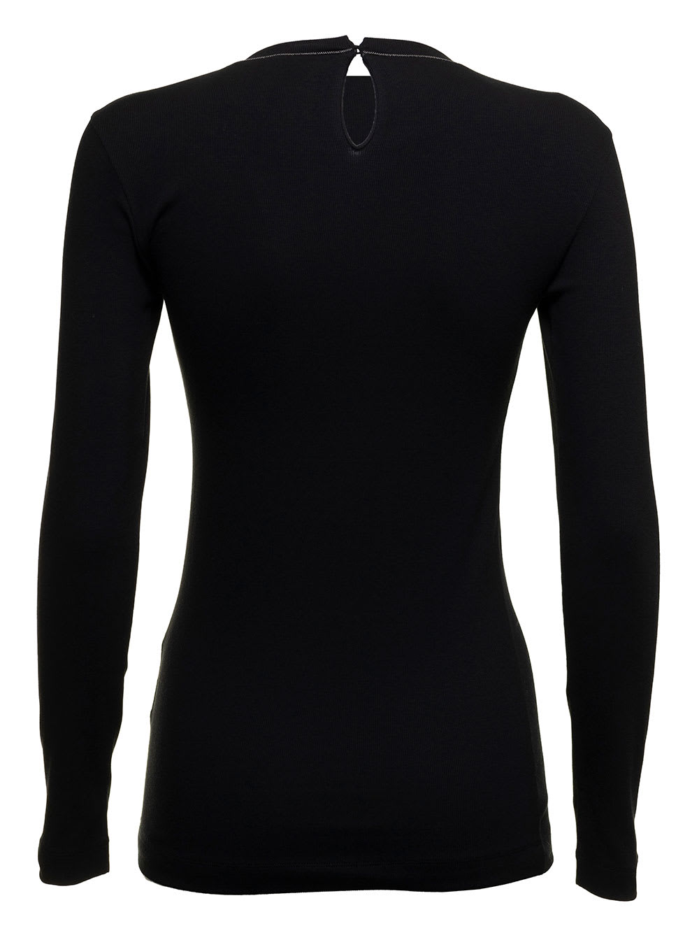 Shop Brunello Cucinelli Womans Long-sleeved Black Cotton T-shirt With Monile Crew Neck