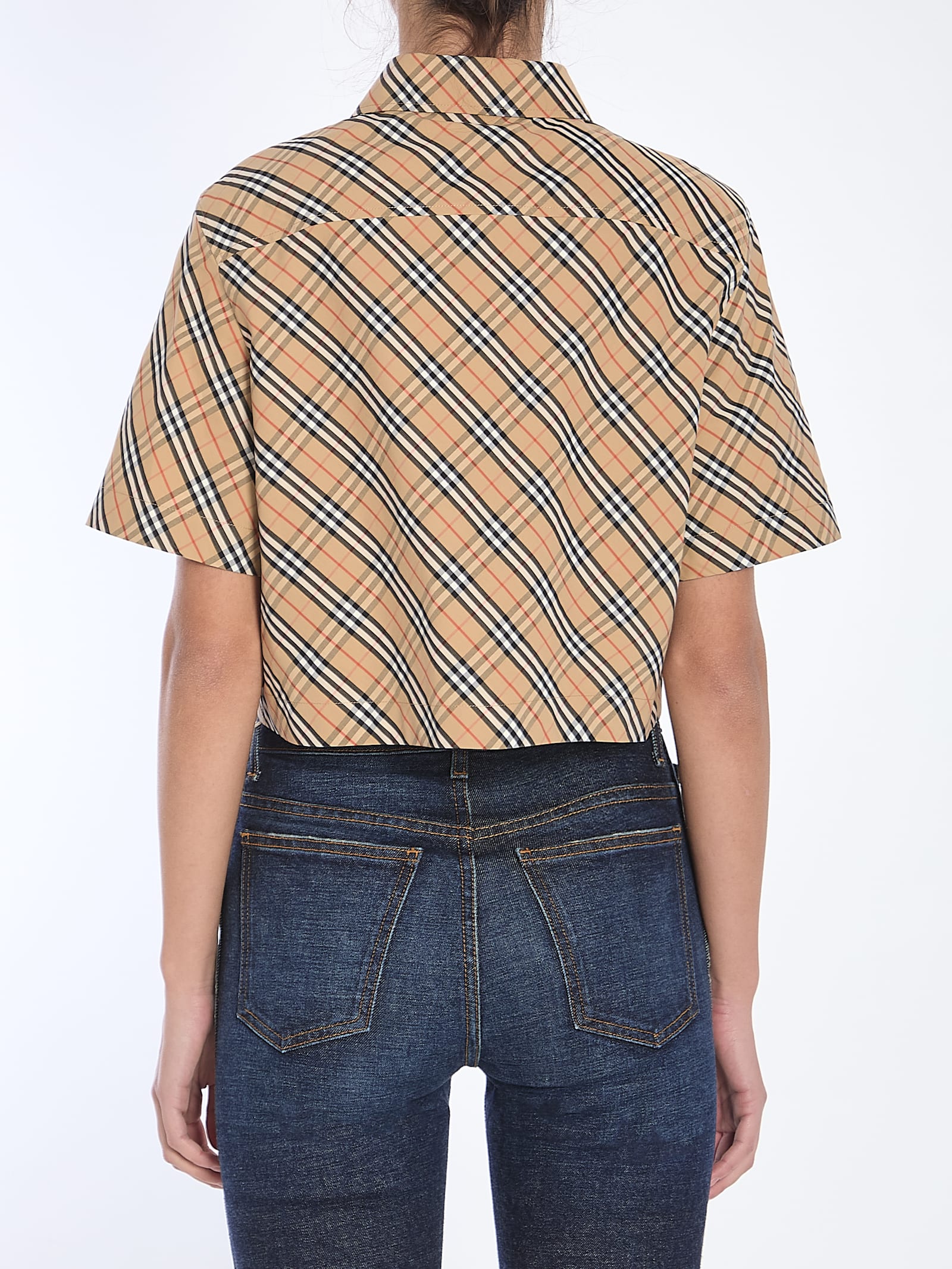 Burberry Cropped Check Cotton Shirt In Brown
