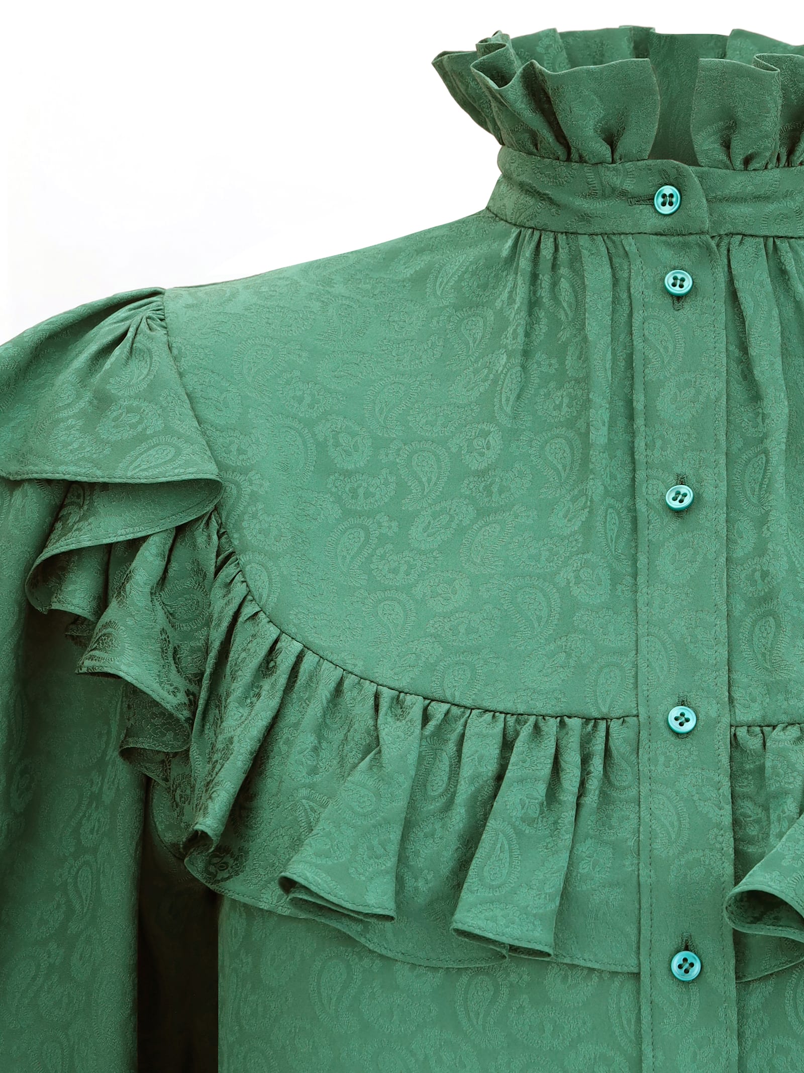 Saint Laurent Ruffled Yoke High-neck Blouse In Green