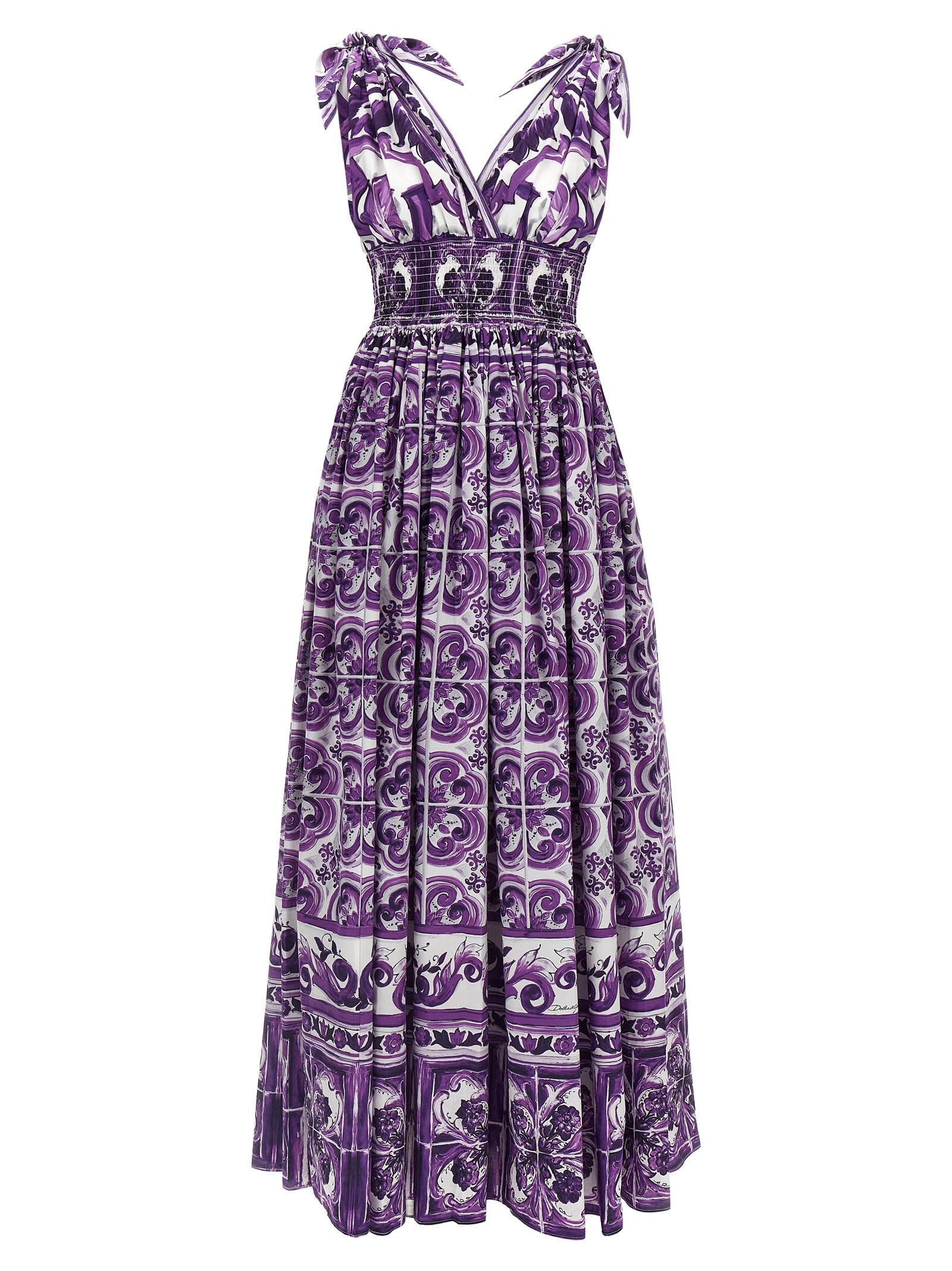 Dolce & Gabbana Smocked V-neck Maxi Dress With Tie Straps In Purple