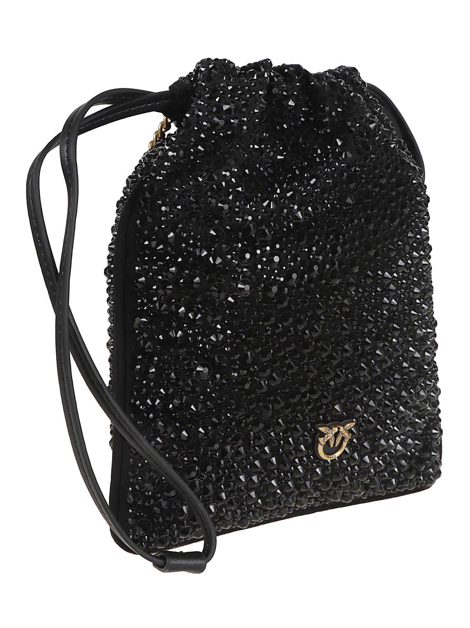 Pinko Black Slouchy Bag With Rhinestone Trim And Drawstring Closure In Black