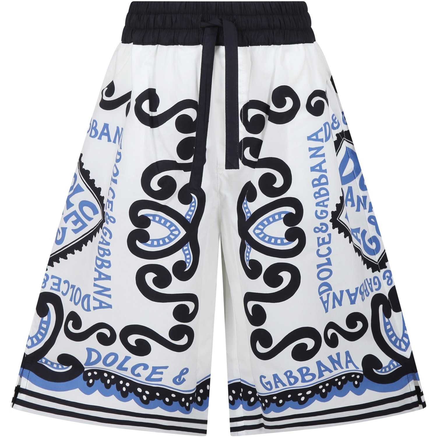Dolce & Gabbana Kids' White Trousers For Boy With Bandana Print And Logo