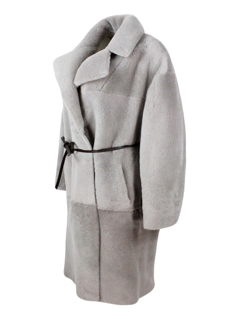 Shop Fabiana Filippi Long Coat In Reversible Shearling Sheepskin With Belt At The Waist And One Button Closure In Nut