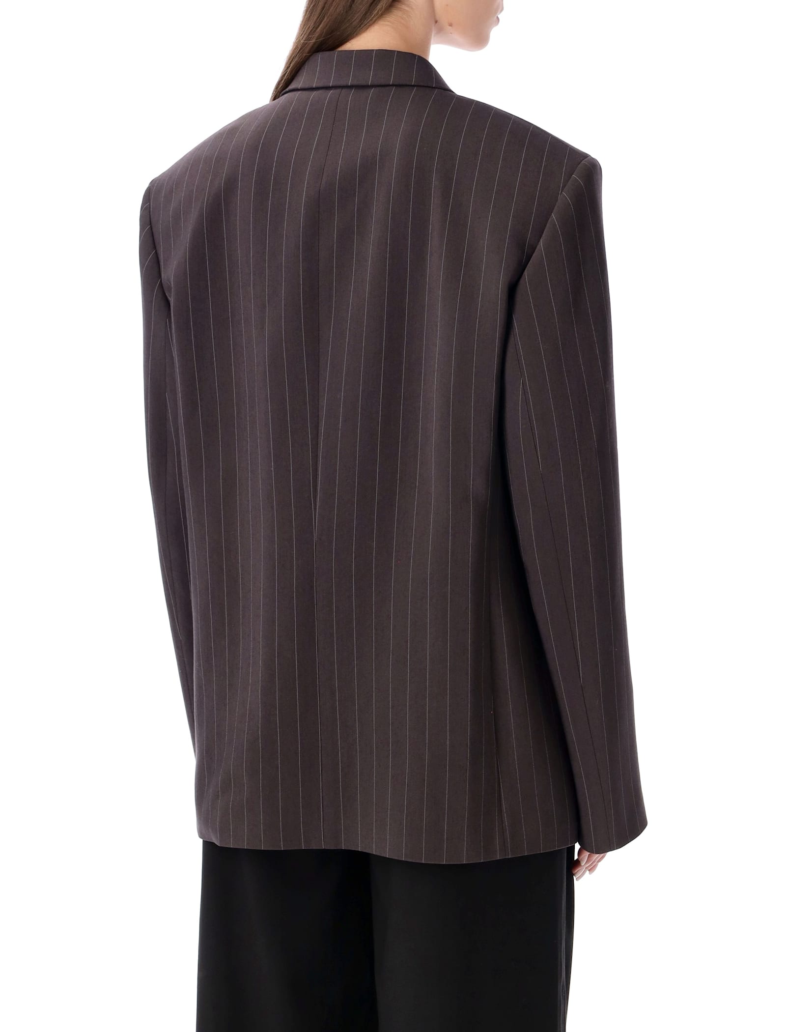 Magda Butrym Double Breasted Pinstripe Front Pocket Jacket In Brown