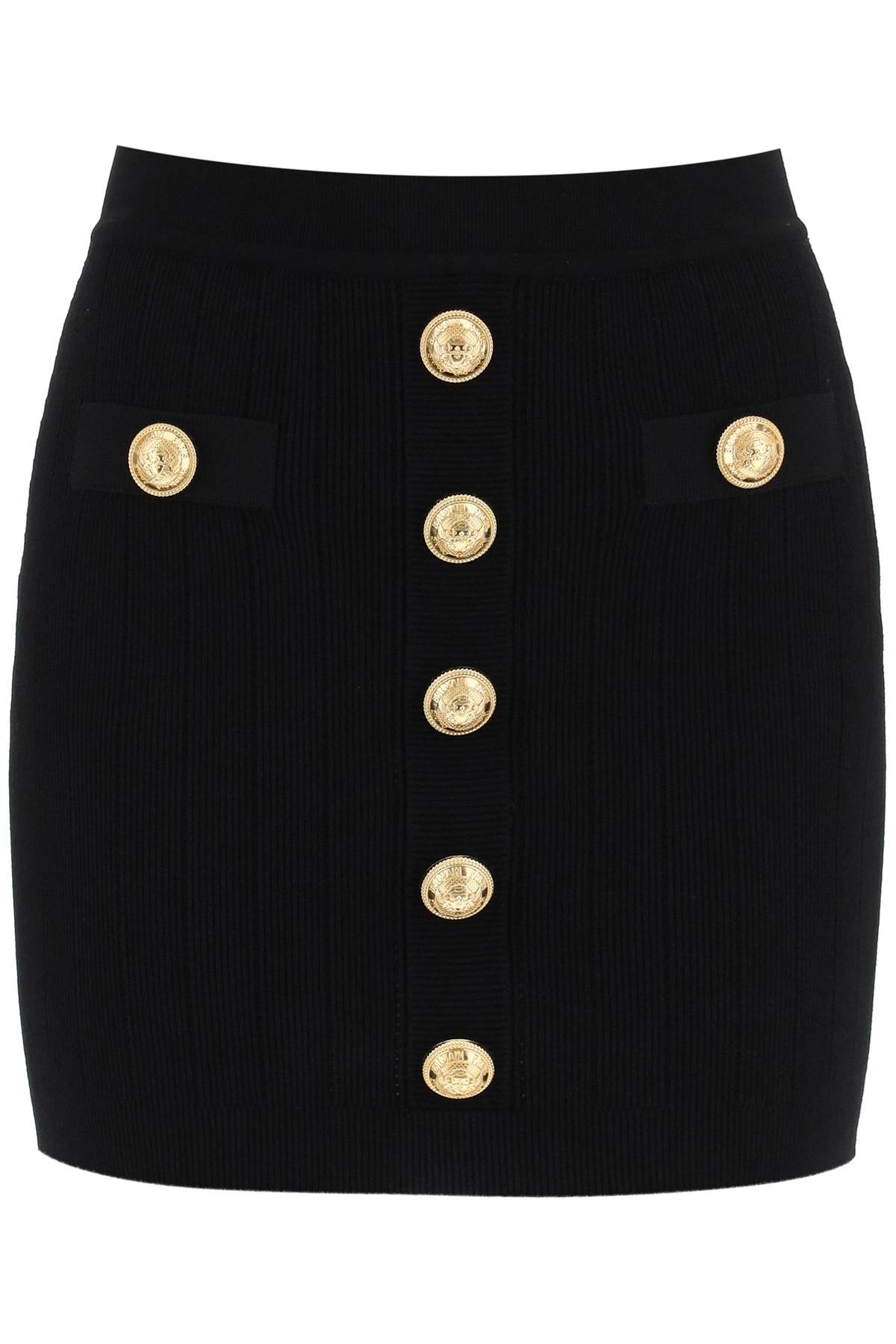 Balmain Knit Mini Skirt With Embossed Buttons In Nero