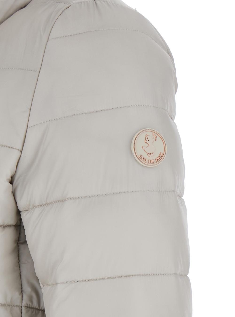 Save The Duck Lydia Beige Down Jacket With High Neck And Logo Patch On The Sleeve In Tech Fabric Woman In Gray