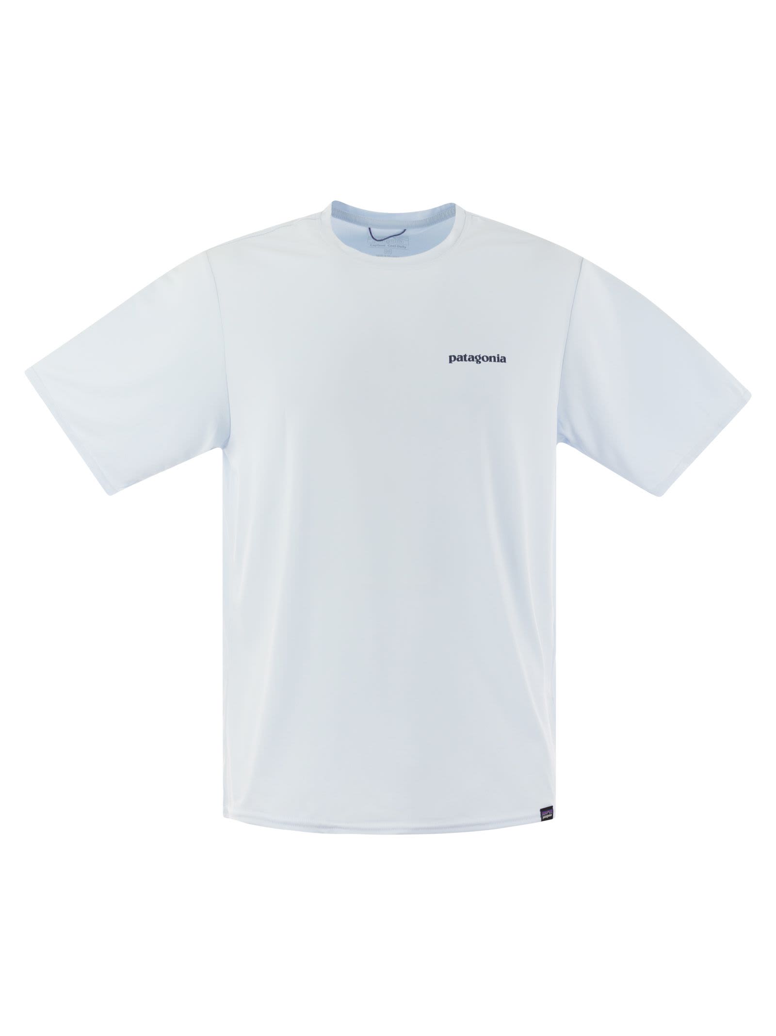 Shop Patagonia T-shirt In Technical Fabric With Print On The Back In Light Blue