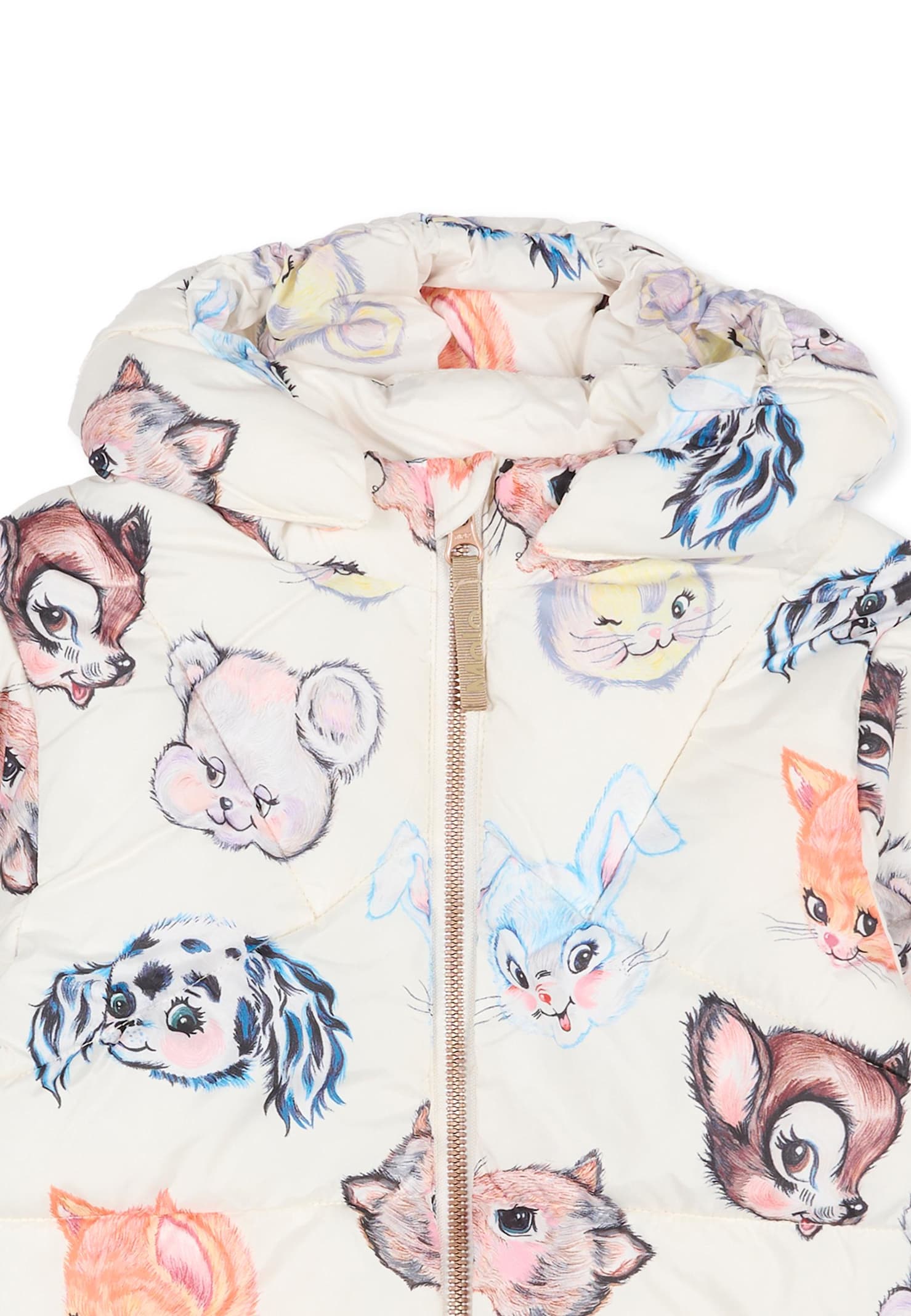 Molo Beige Down Jacket For Baby Girl With Animal Print In Multi