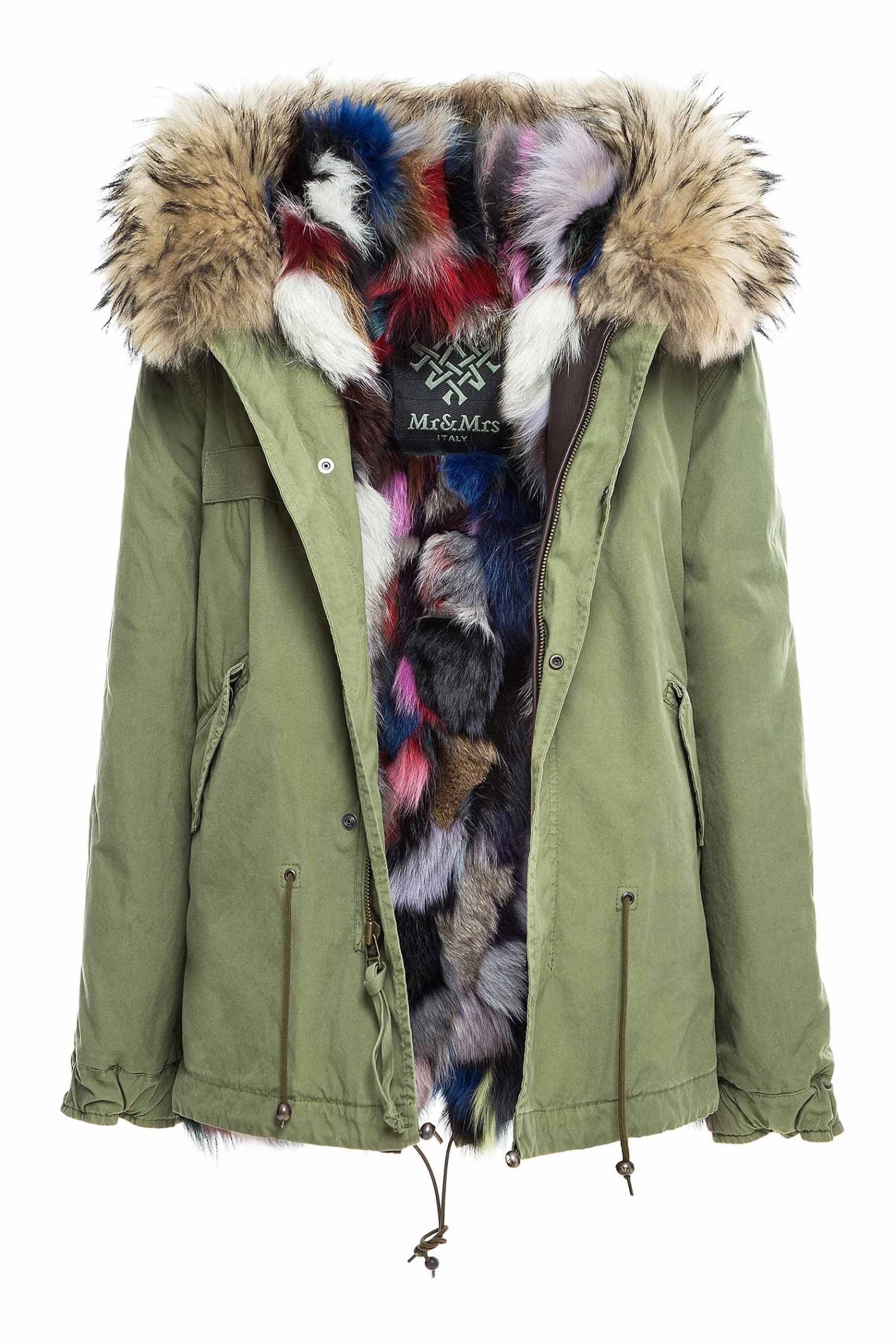 Mr & Mrs Italy Army Cotton Canvas Mini Parka With Patch Fox Fur Lining