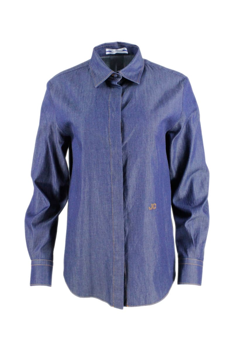 Jacob Cohen Long Amanica Shirt In Denim-colored Chambray Cotton With Logo Embroidered On The Front