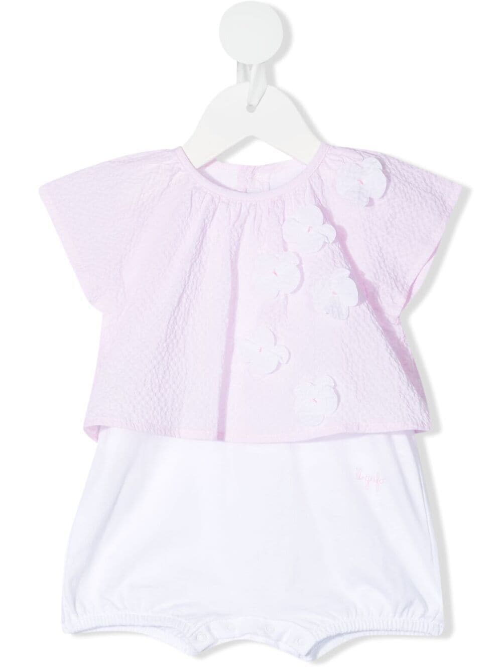 Il Gufo Pink And White Seersucker Romper With Flowers