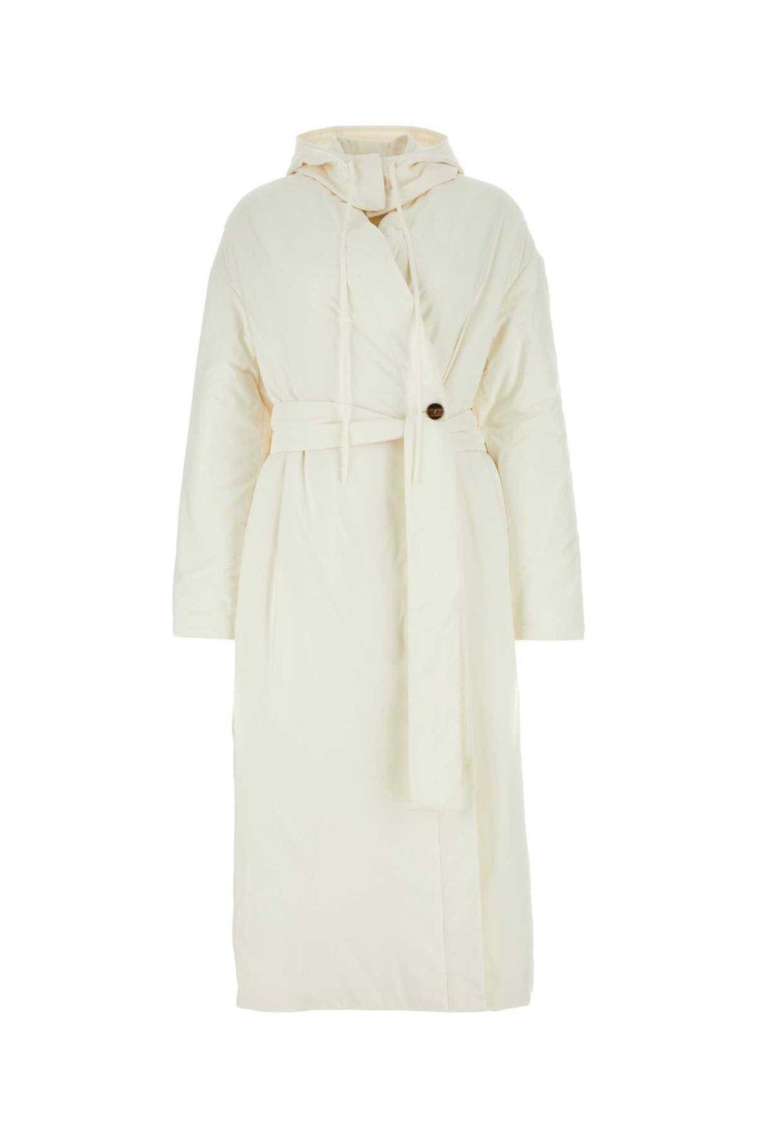 Shop Ferragamo Belted Drawstring Long-sleeved Coat In Offwhite