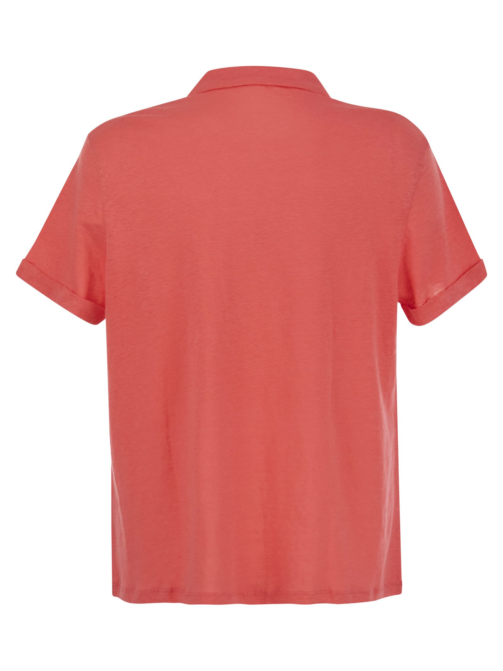 Shop Majestic Short-sleeved Linen Polo Shirt In Coral