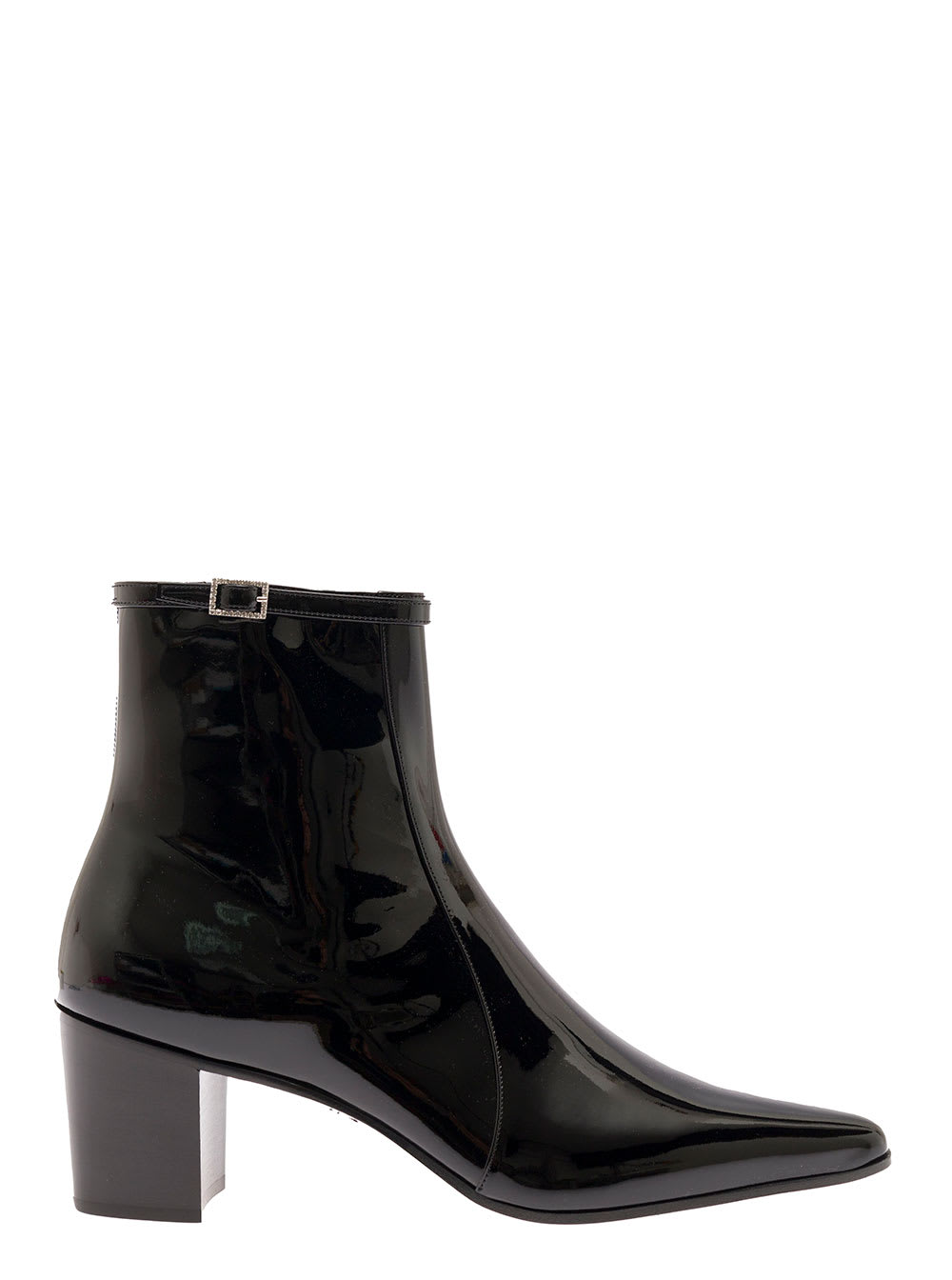 SAINT LAURENT ARSUN BLACK BOOTS WITH RHINESTONE-EMBELLISHED BUCKLES IN PATENT LEATHER MAN