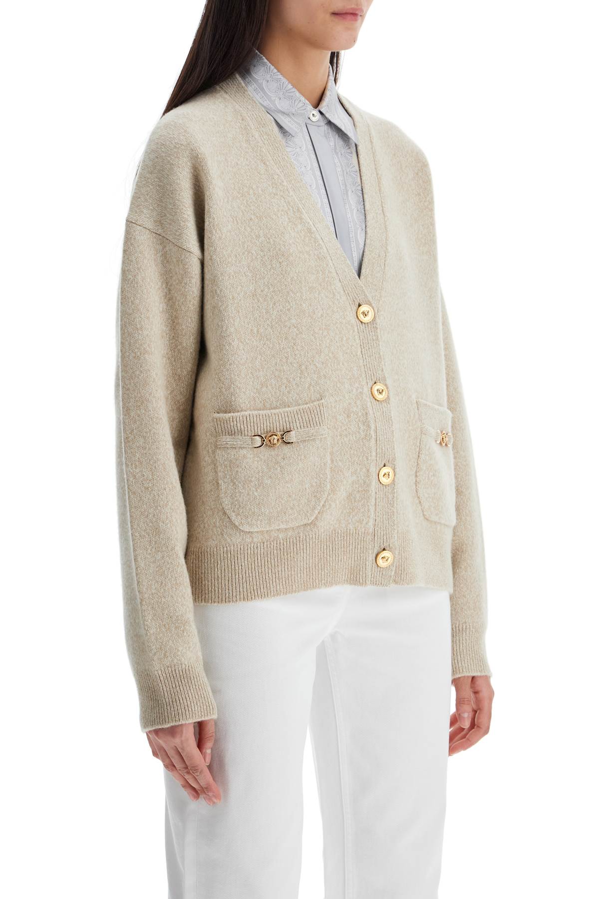 Versace Cardigan Oversize In Lana E Cashmere In Beigebone