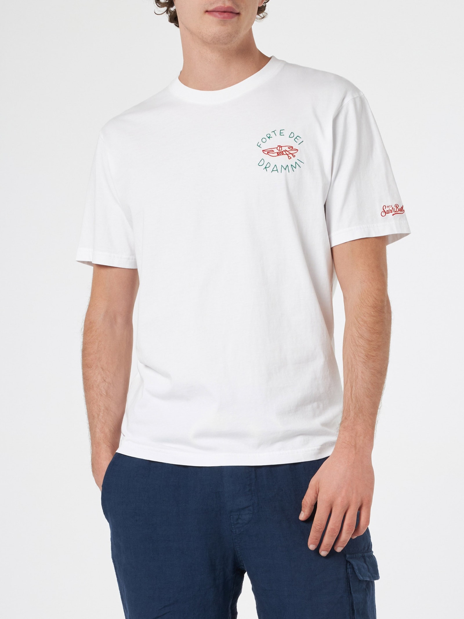 Shop Mc2 Saint Barth Man Classic Fit Cotton Jersey T-shirt Portofino With Forte Dei Drammi Embroidery Insulti Luminosi Sp In White