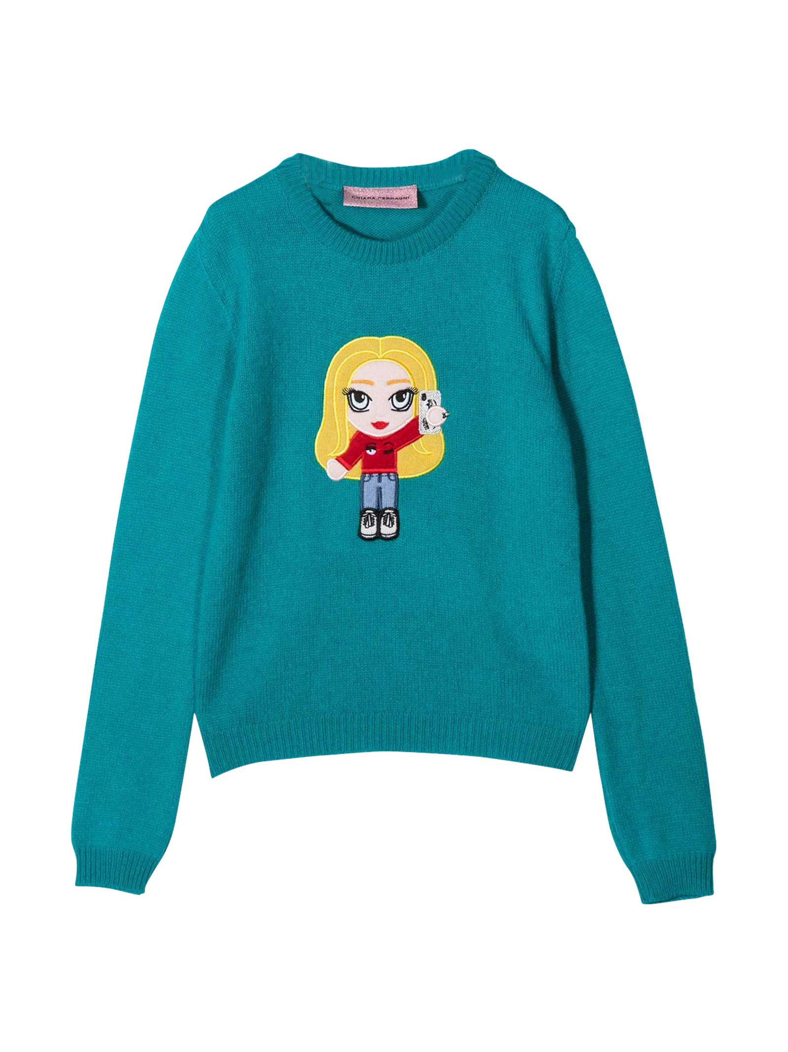 Chiara Ferragni Blue Cashmere-wool Blend Knitted Embroidered Motif Jumper From