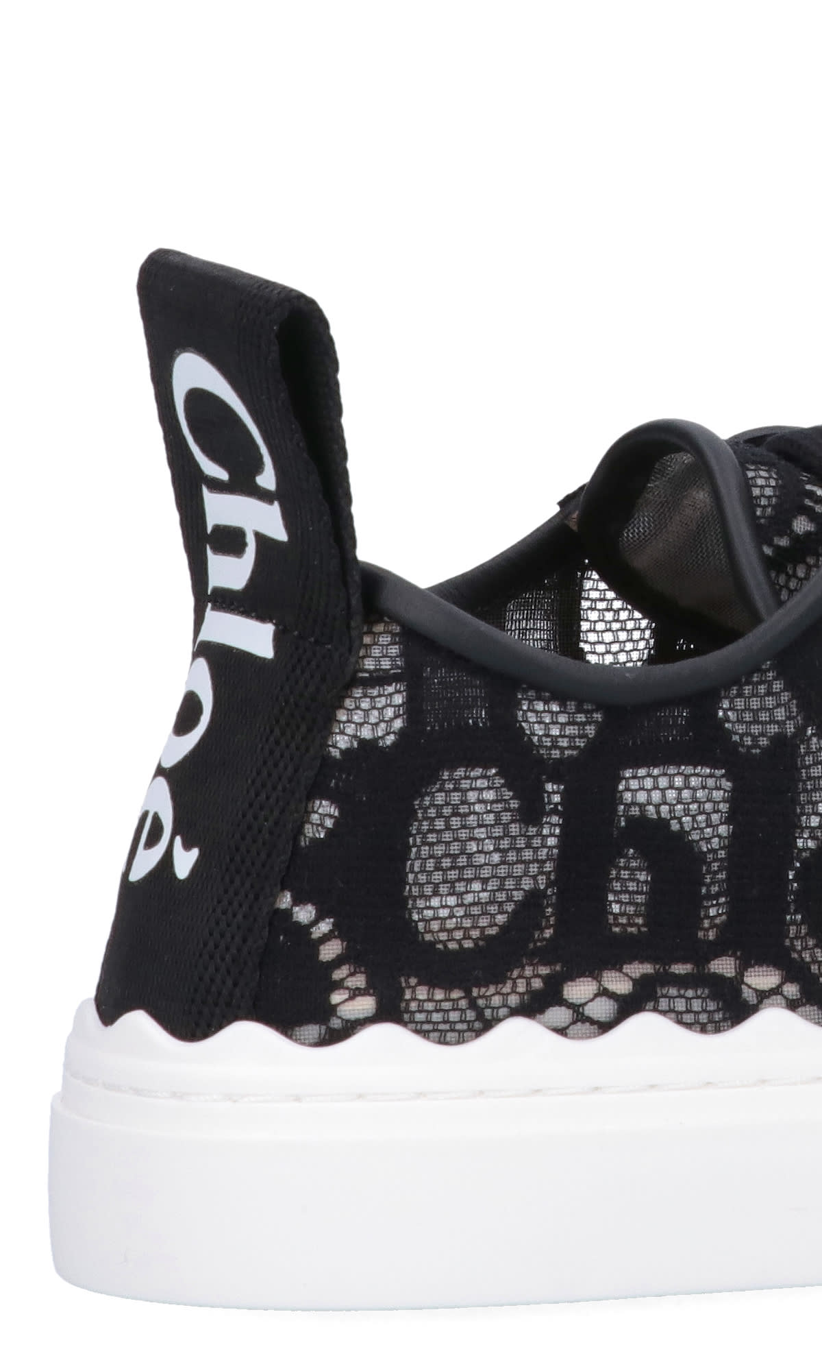 Chloé Lauren Scalloped Logo-detailed Lace And Leather Sneakers In Black