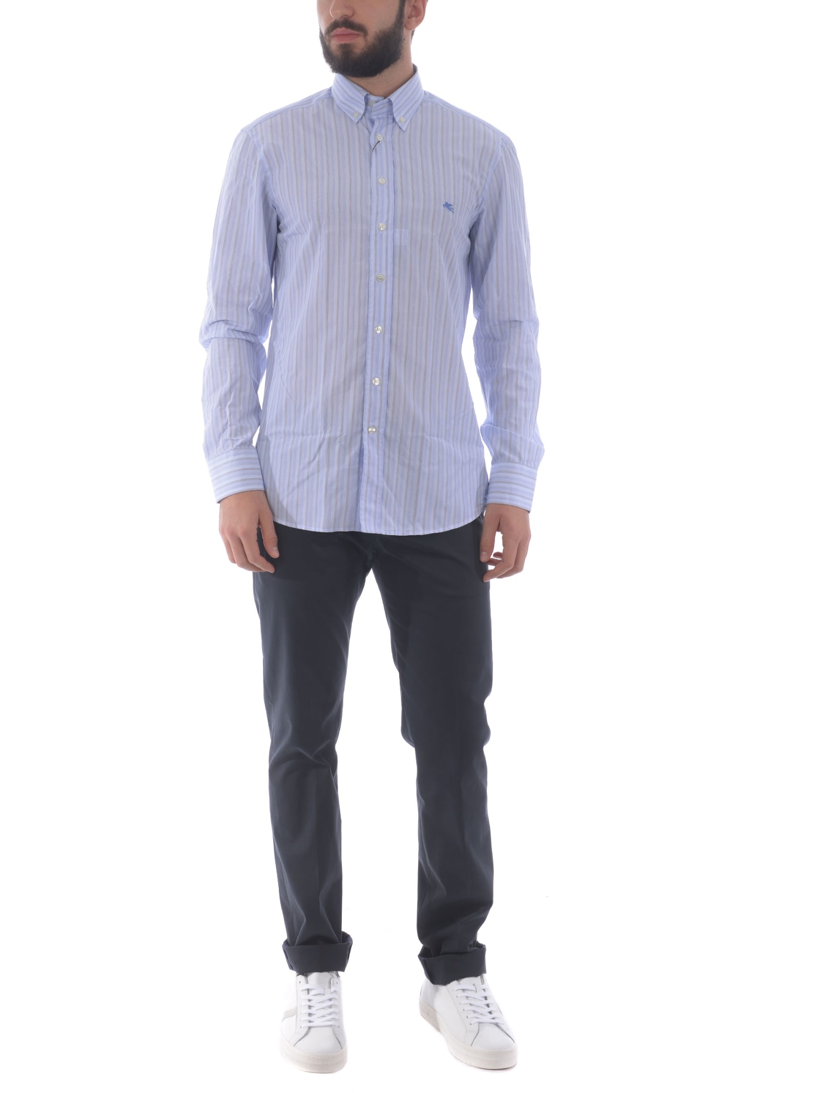 Shop Etro Shirt Regular Button Down In Striped Cotton In Bianco/blu