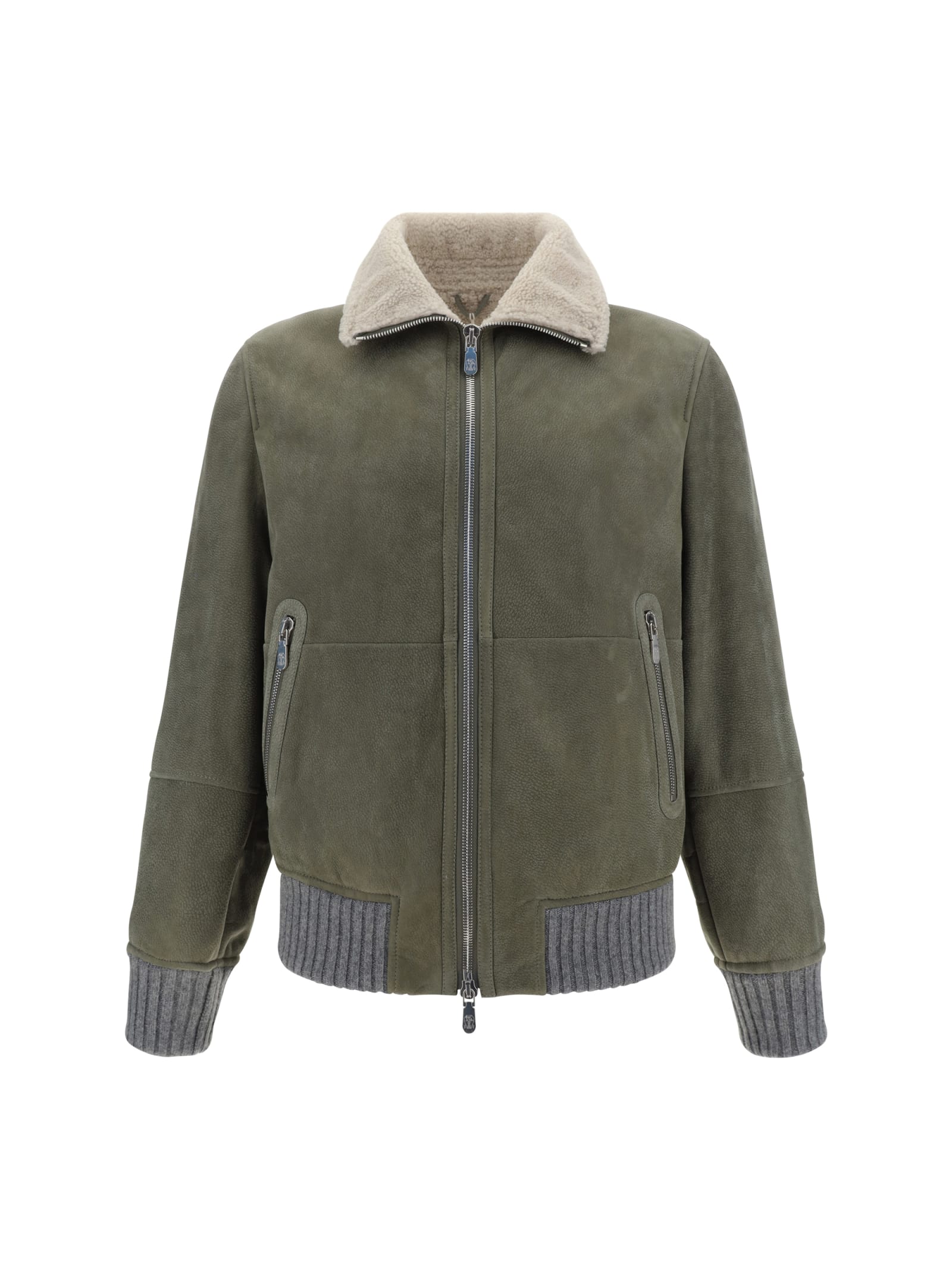 Shop Brunello Cucinelli Leather Jacket In Green/neutrals