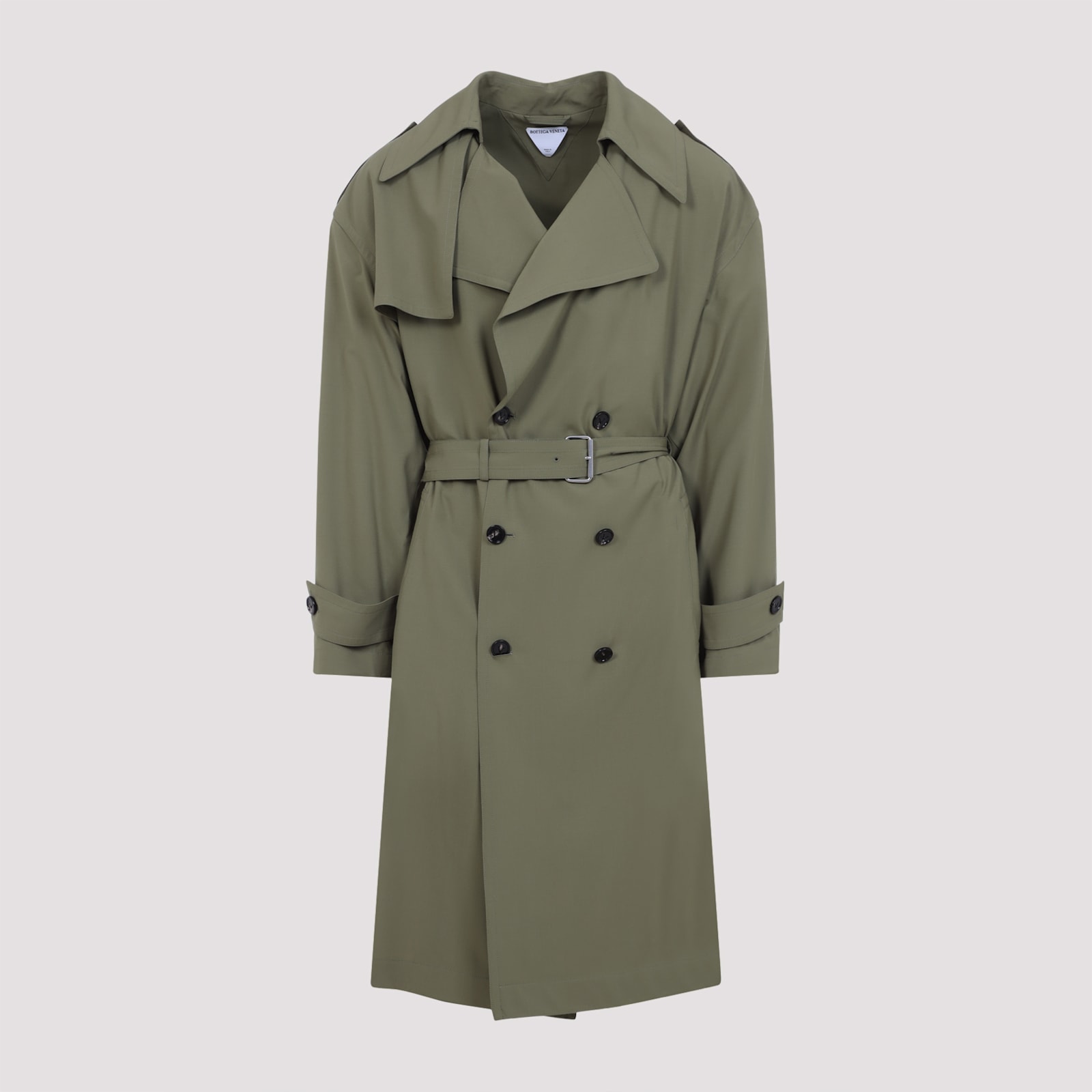 Bottega Veneta Green Wool Double-breasted Trench Coat In Algae
