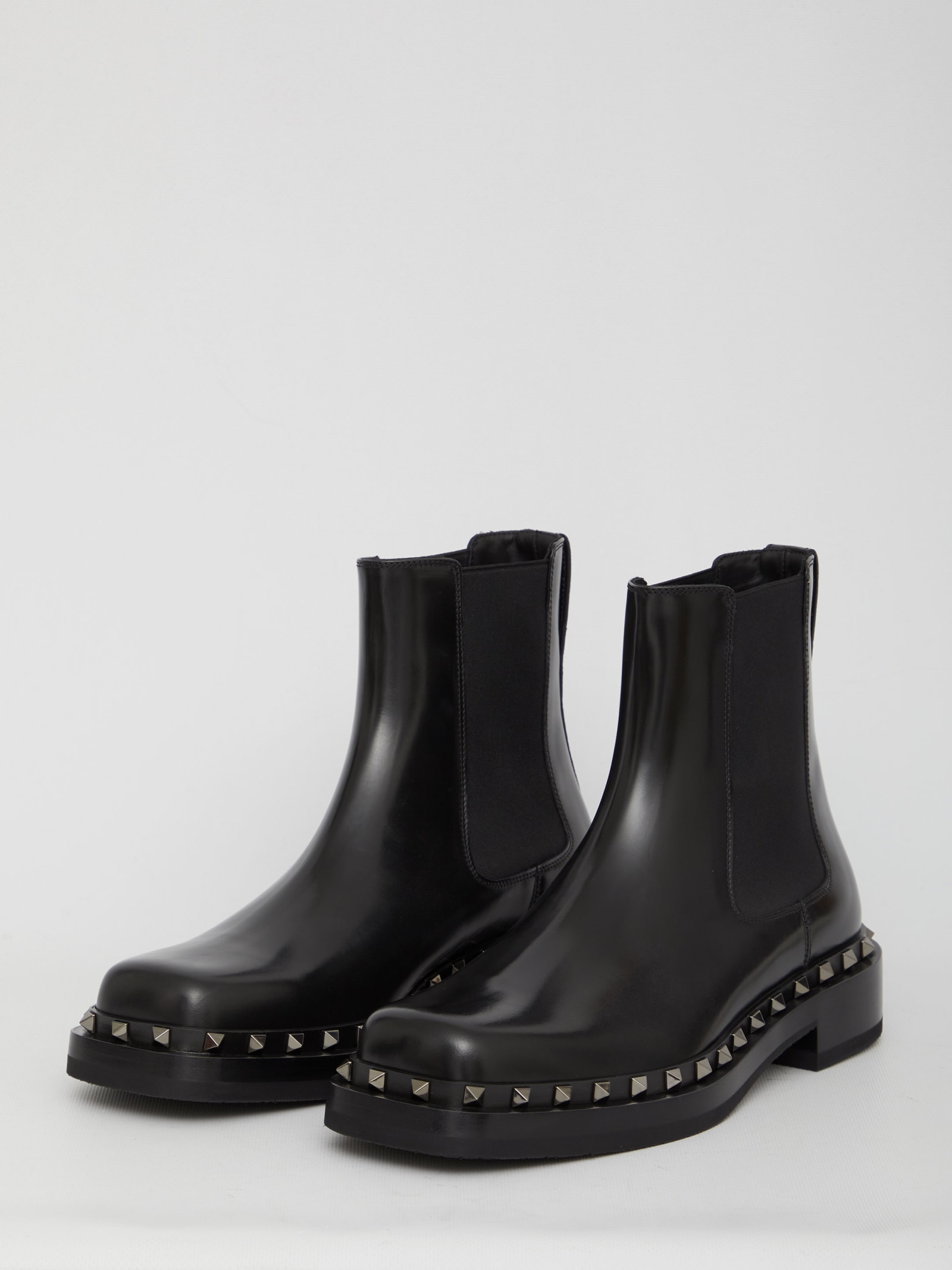 Valentino Studded Calf Leather Elastic Ankle Boots In Black