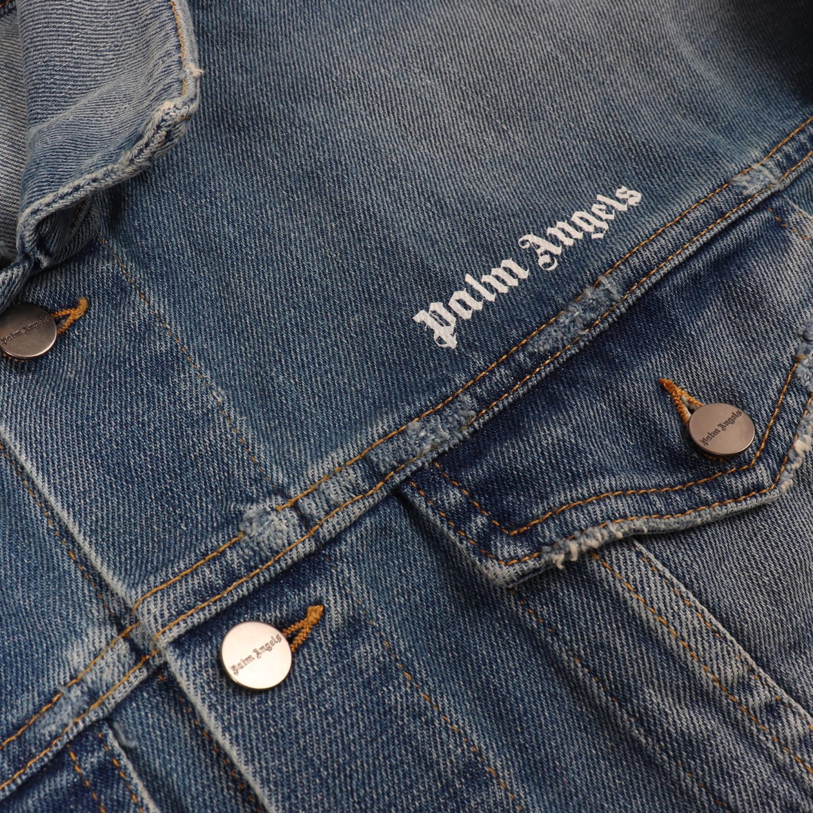 Palm Angels Blue Denim Jacket With White Print In Blue Denim