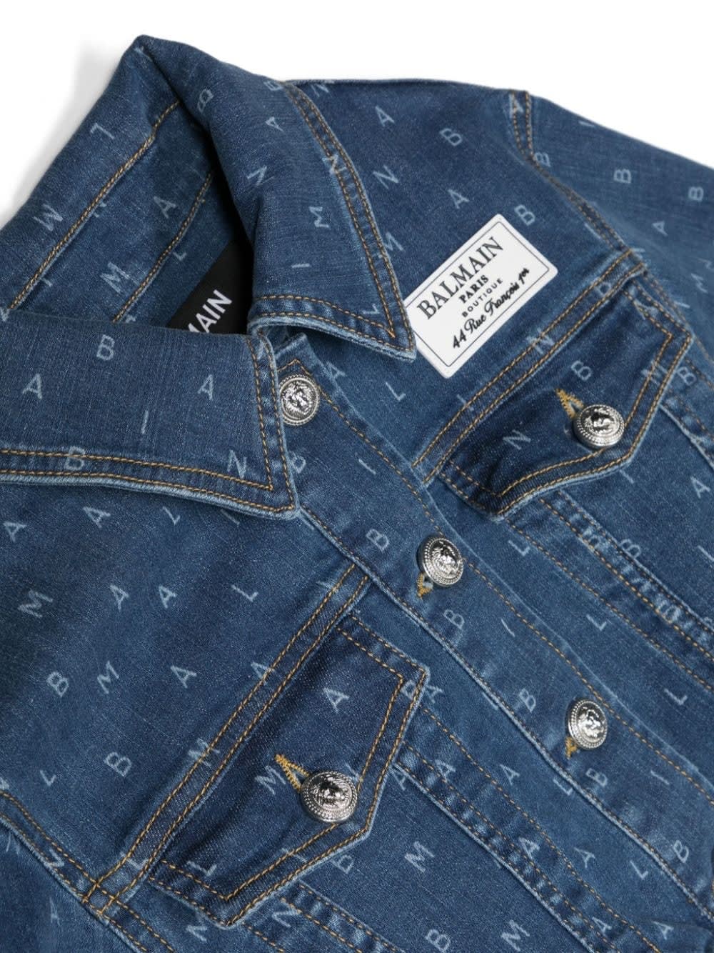 Shop Balmain Denim Crop Jacket With All-over Logo In Blue