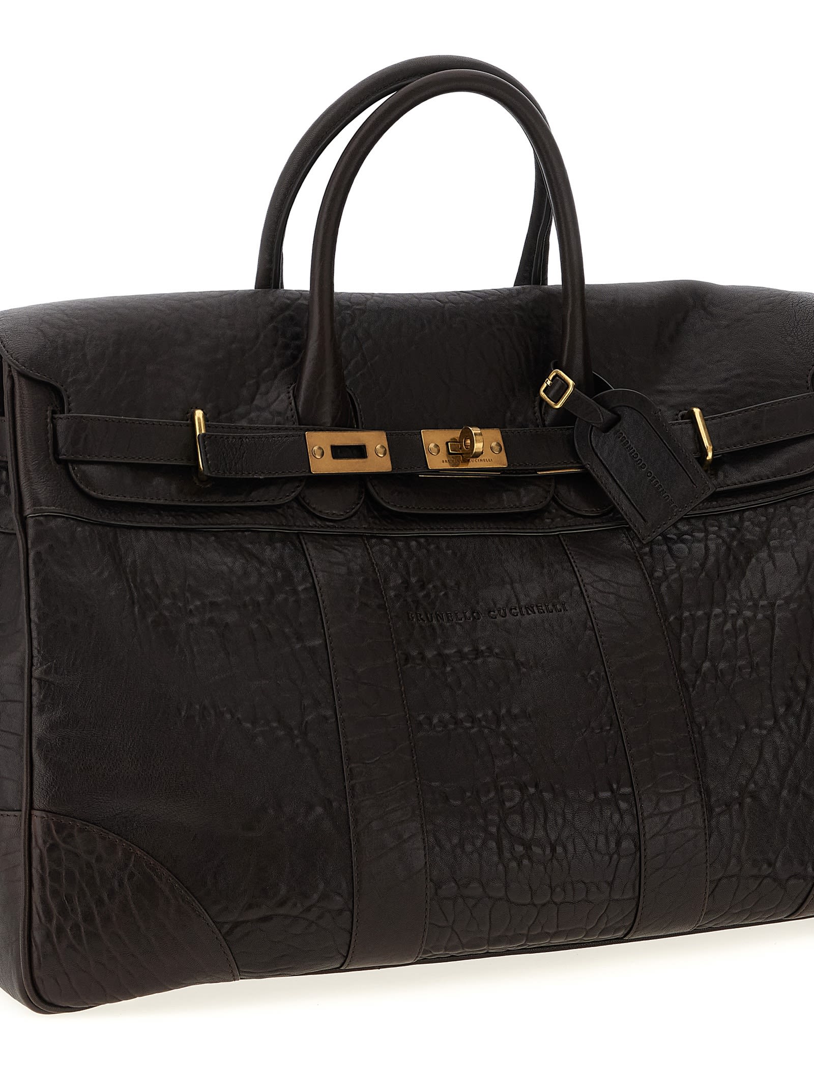 Brunello Cucinelli Men Country Leather Bag With Texture Grain In Multi